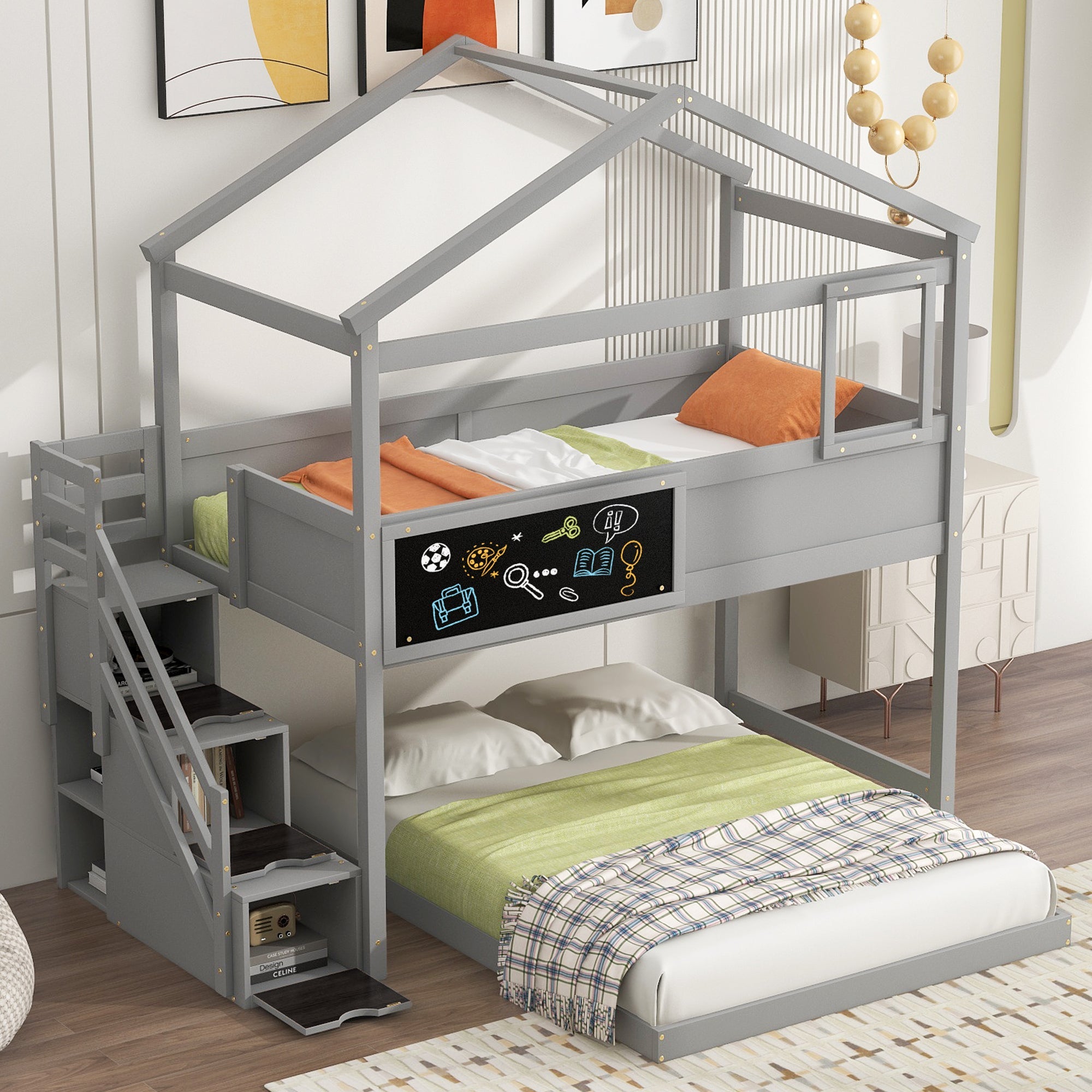 Twin over Full House Bunk Bed with Storage Staircase and Blackboard,Gray image 1