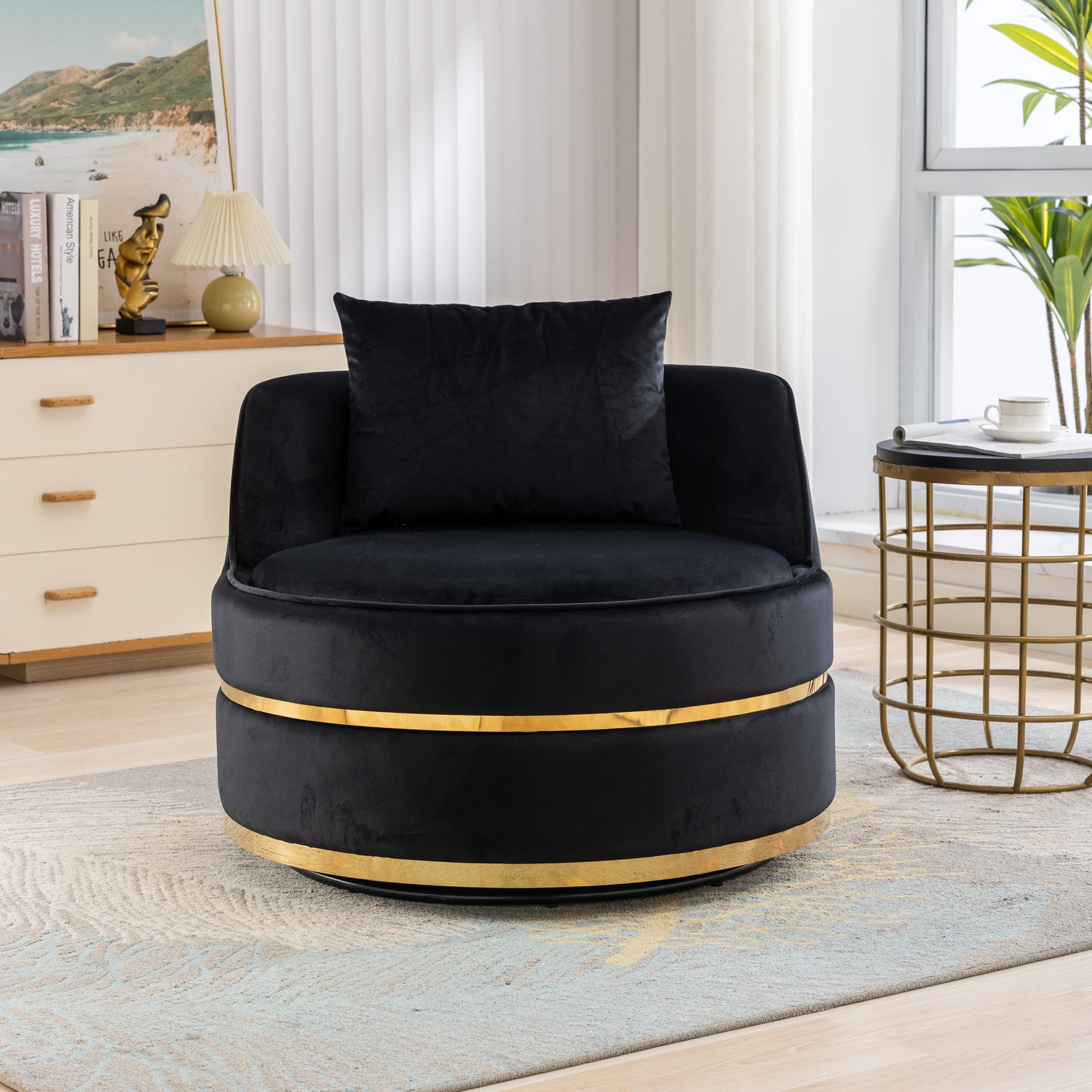 360 Degree Swivel Accent Chair Velvet Modern Upholstered Barrel Chair Over-Sized Soft Chair with Seat Cushion for Living Room, Bedroom, Office, Apartment, Black image 1