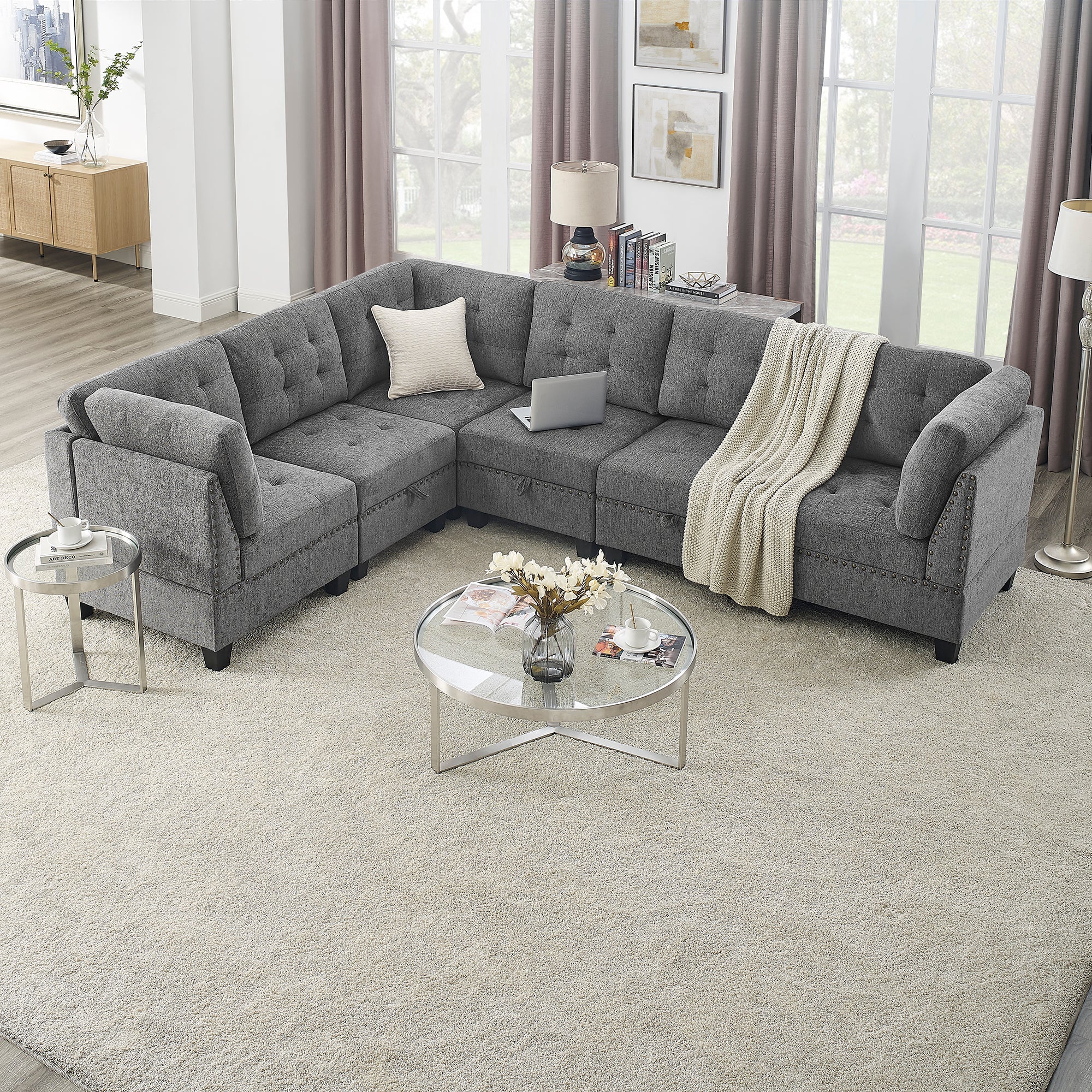 L shape Modular Sectional Sofa,DIY Combination,includes Three Single Chair and Three Corner, Grey Chenille image 1