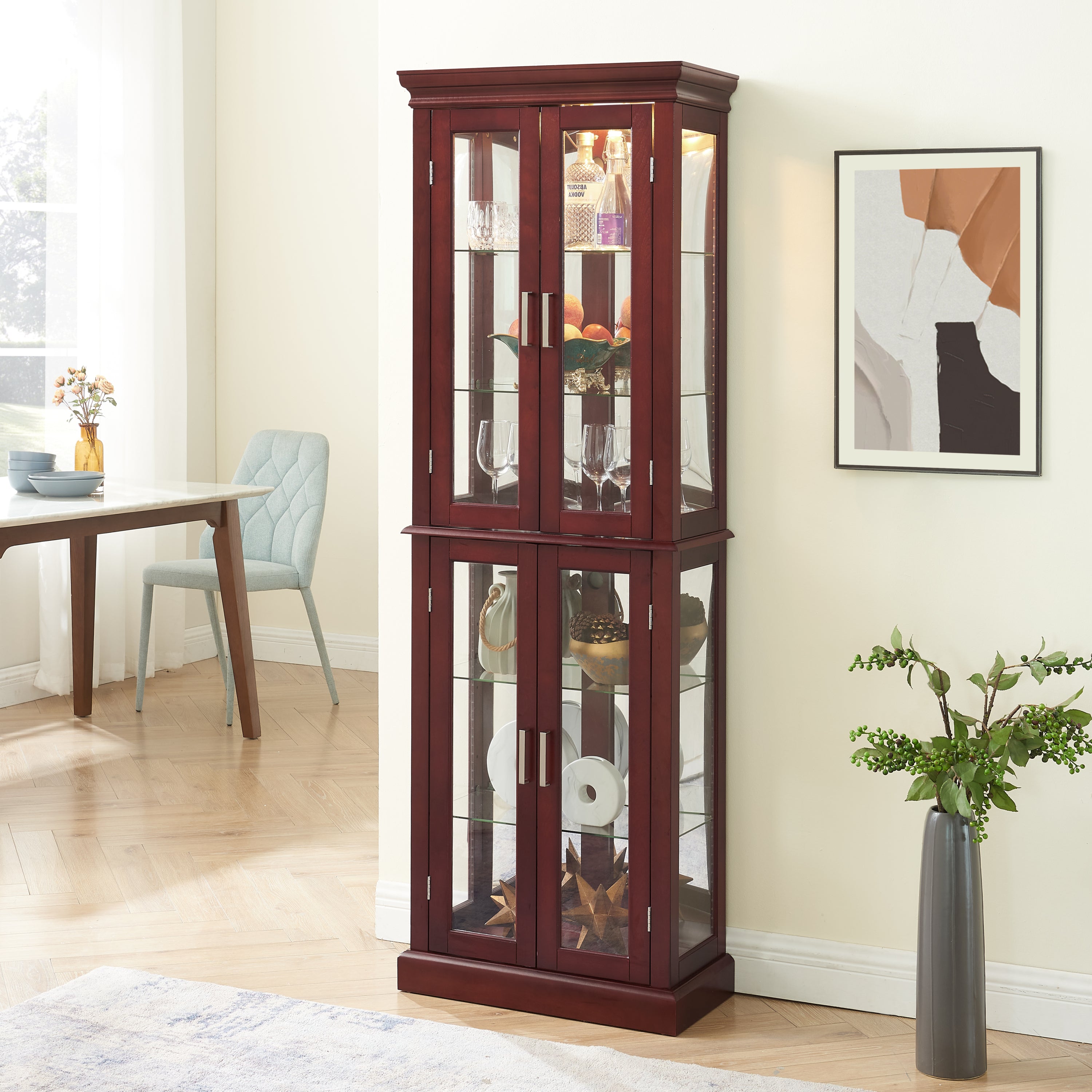 Curio Cabinet Lighted Curio Diapaly Cabinet with Adjustable Shelves and Mirrored Back Panel, Tempered Glass Doors (Cherry, 6 Tier), (E26 light bulb not included) image 1