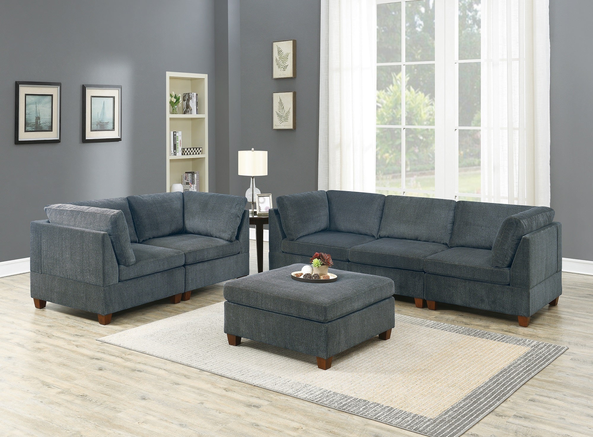 Living Room Furniture Grey Chenille Modular Sofa Set 6pc Set Sofa Loveseat Modern Couch 4x Corner Wedge 1x Armless Chairs and 1x Ottoman Plywood image 1