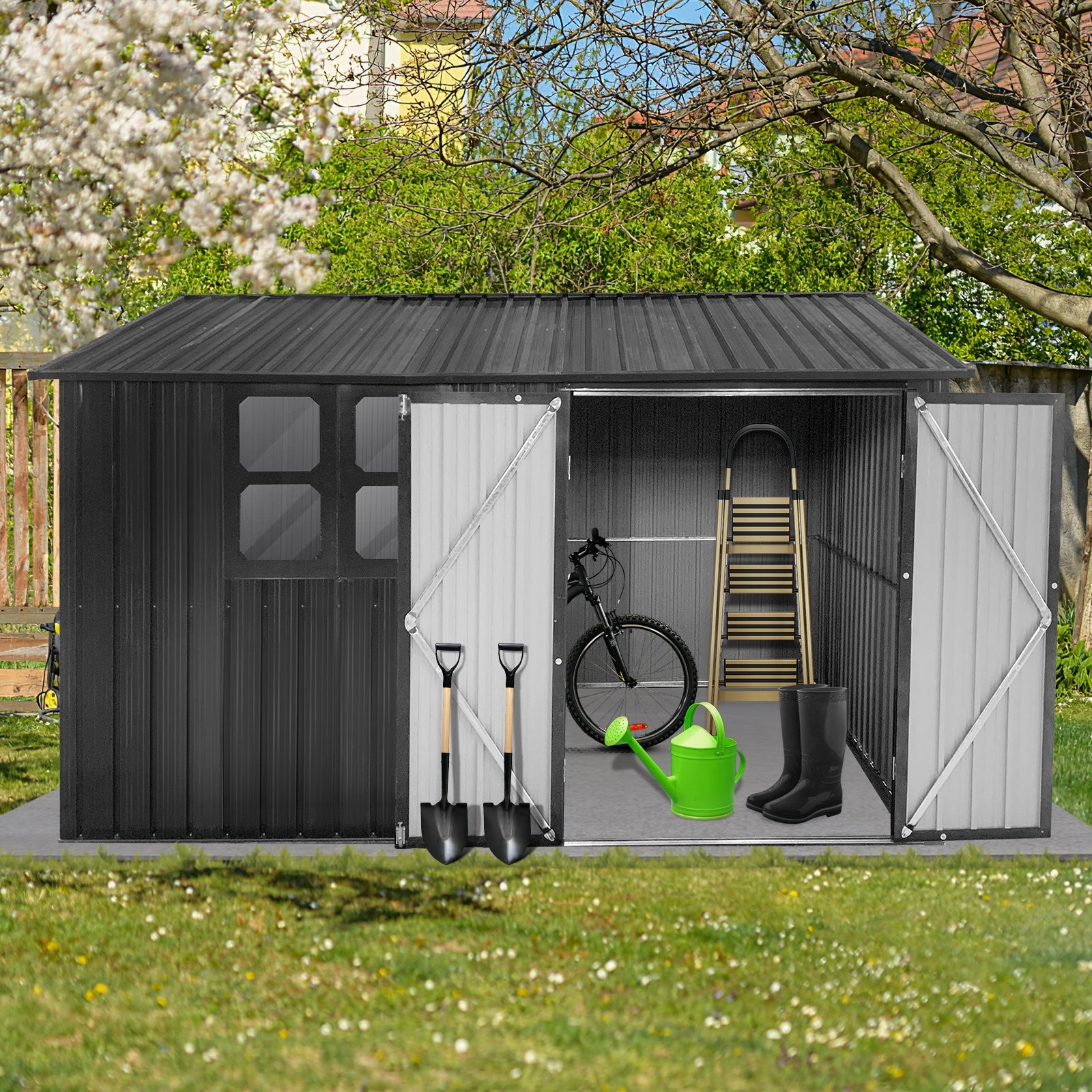 Metal garden sheds 10ftx8ft outdoor storage sheds Dark-grey with window image 1
