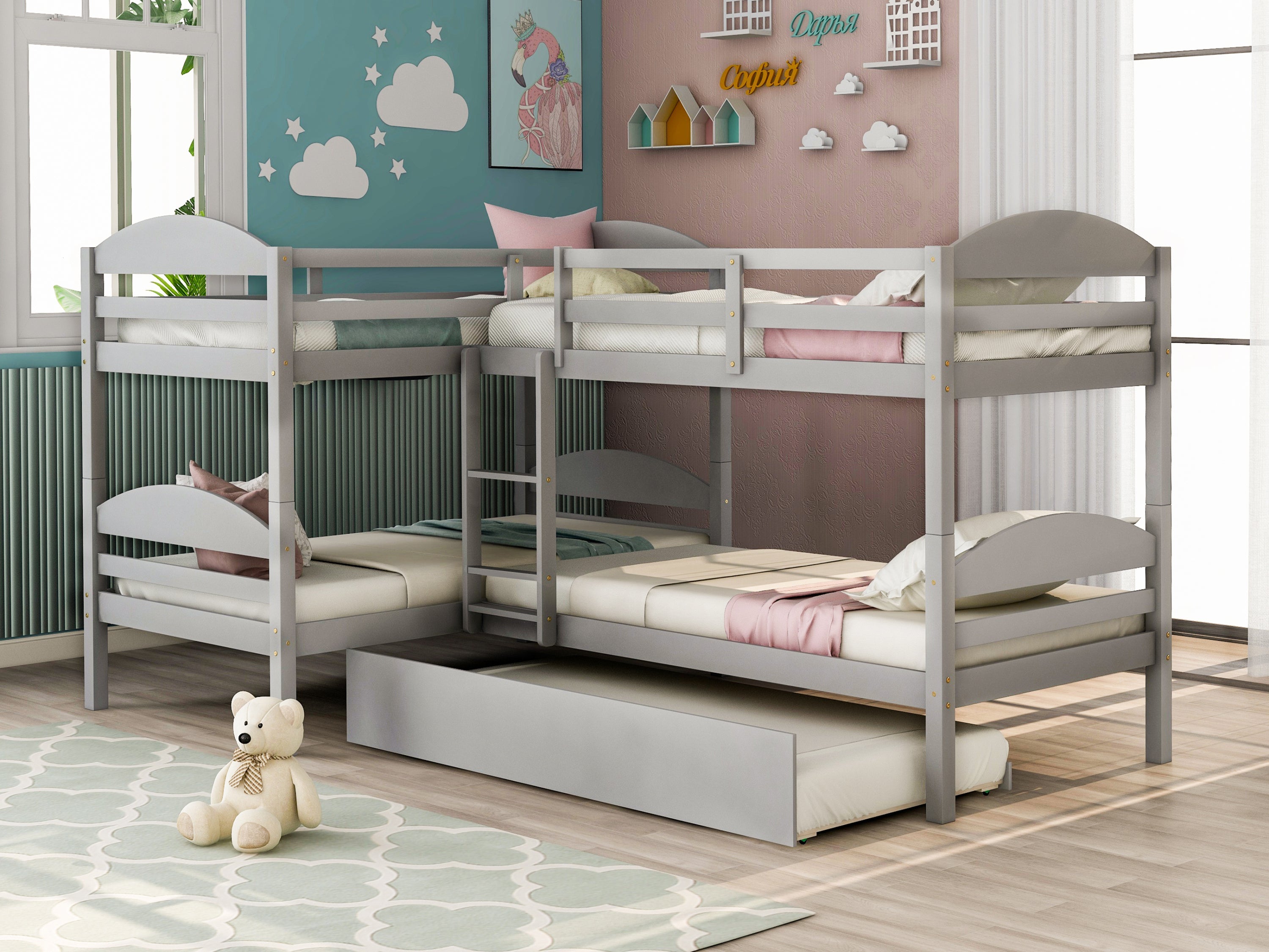 Twin L-Shaped Bunk bed with Trundle-Gray{O image 1