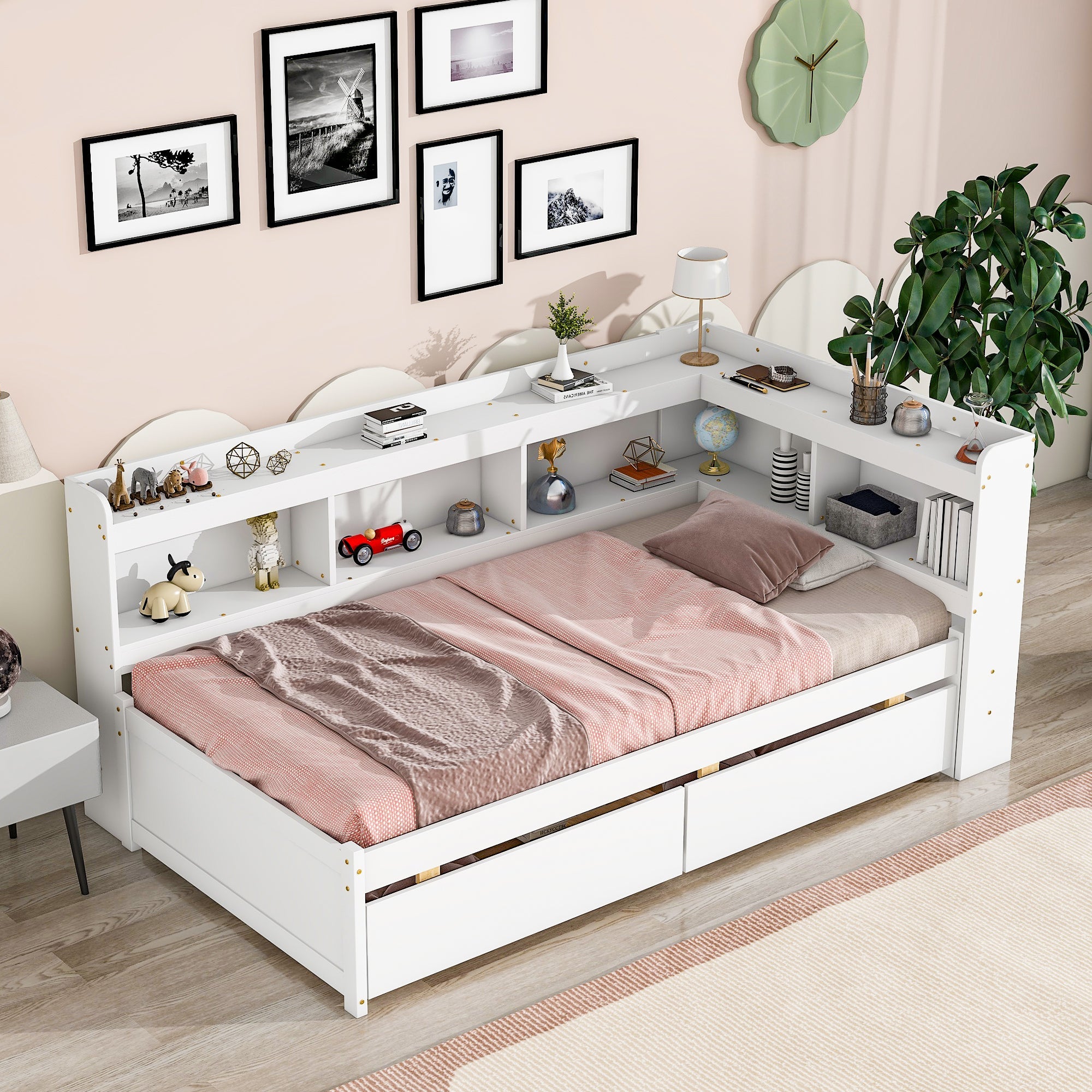 Twin Bed with L-shaped Bookcases,Drawers, White image 1