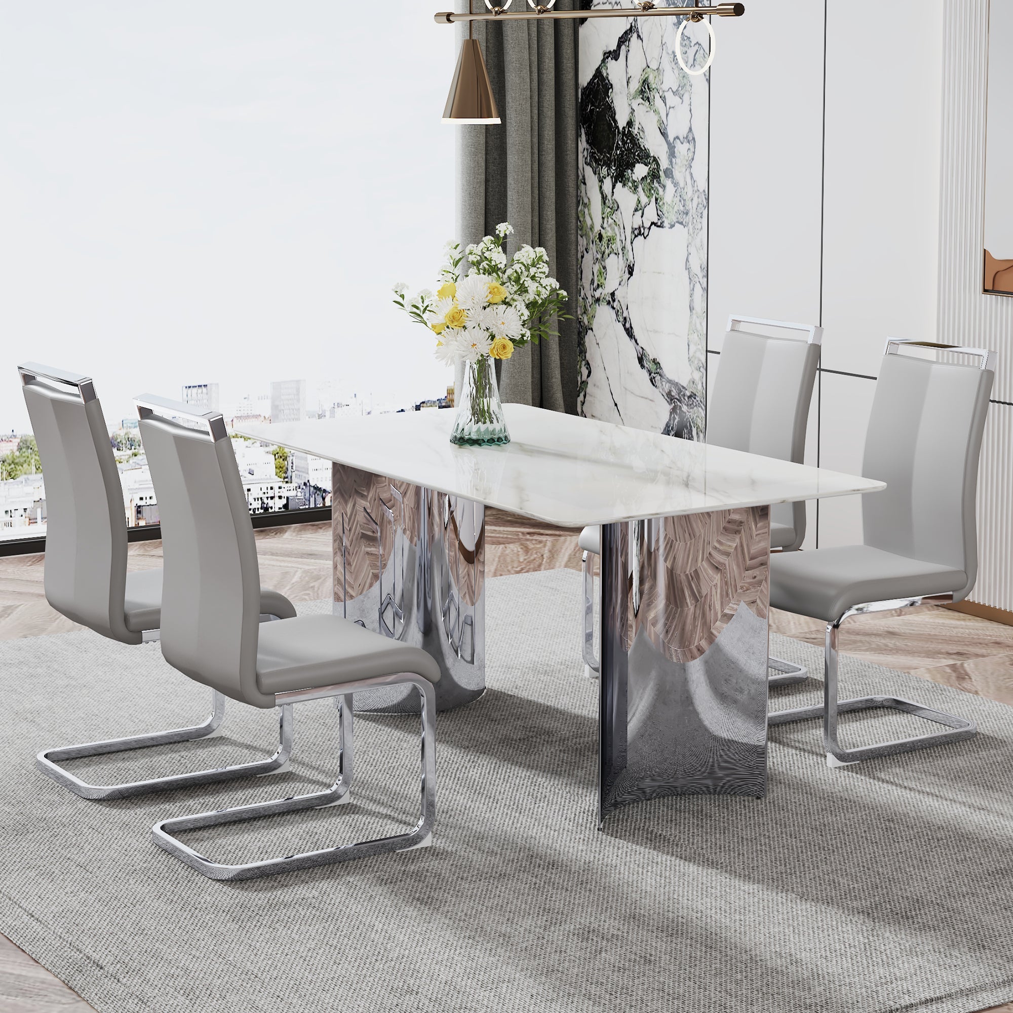 Modern minimalist dining table. Imitation marble glass sticker desktop, stainless steel legs, stable and beautiful. 4 premium PU seats. 63 inches x 35.4 inches x 29.5 inches DT-69 image 1
