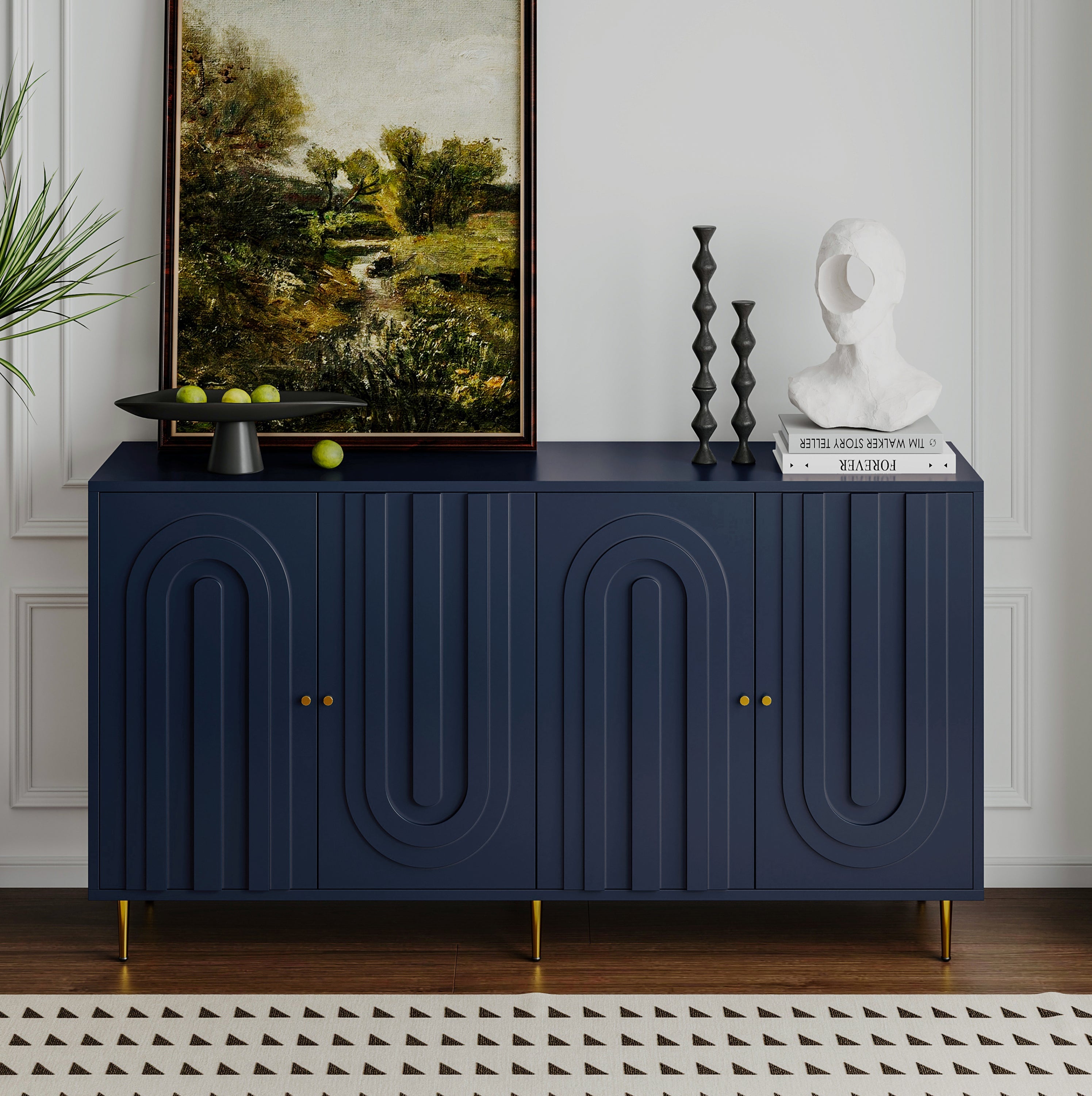 Modern Blue Lacquered 4 Door Wooden Cabinet Sideboard Buffet Server Cabinet Storage Cabinet, for Living Room, Entryway, Hallway, Office, Kitchen and Dining Room image 1