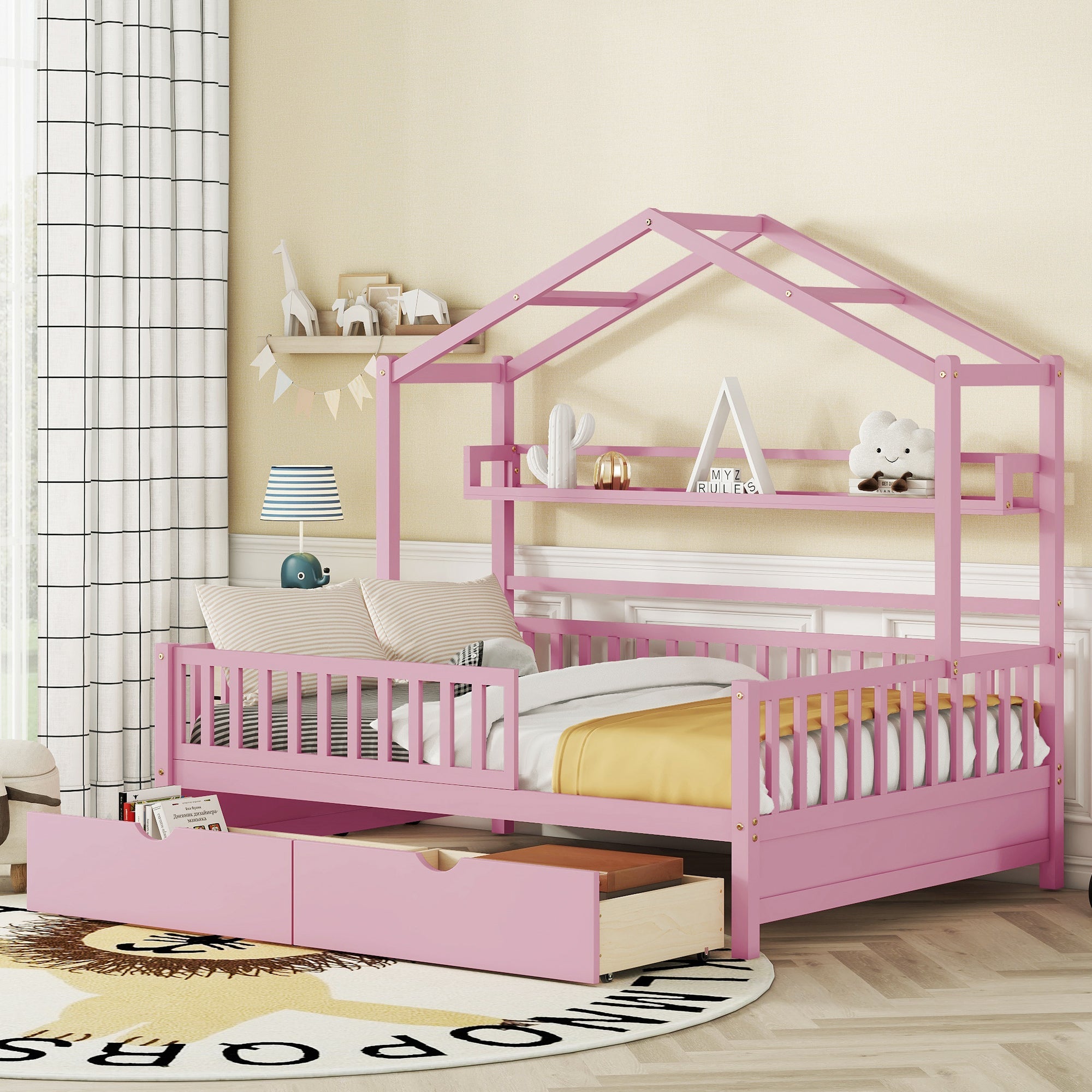 Wooden Full Size House Bed with 2 Drawers,Kids Bed with Storage Shelf, Pink image 1