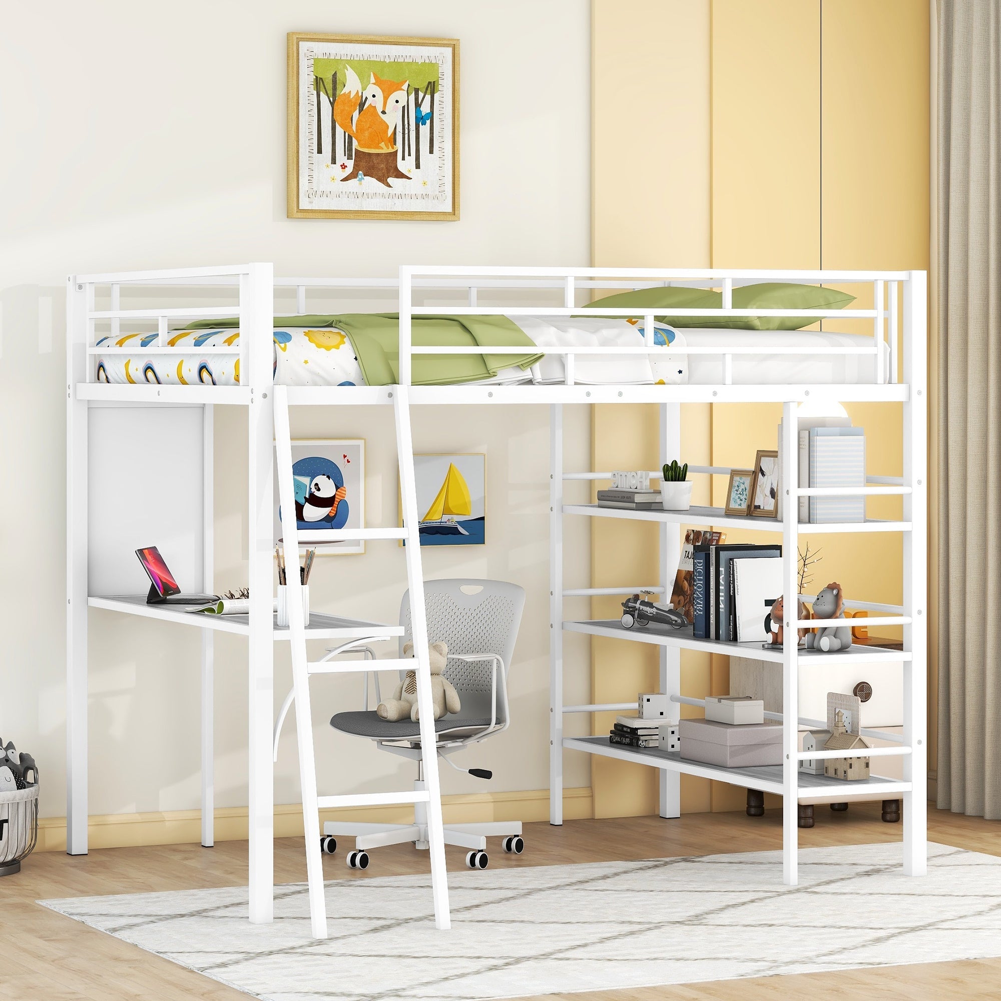 Full Size Loft Metal Bed with 3 Layers of Shelves and Desk, Stylish Metal Frame Bed with Whiteboard, White image 1