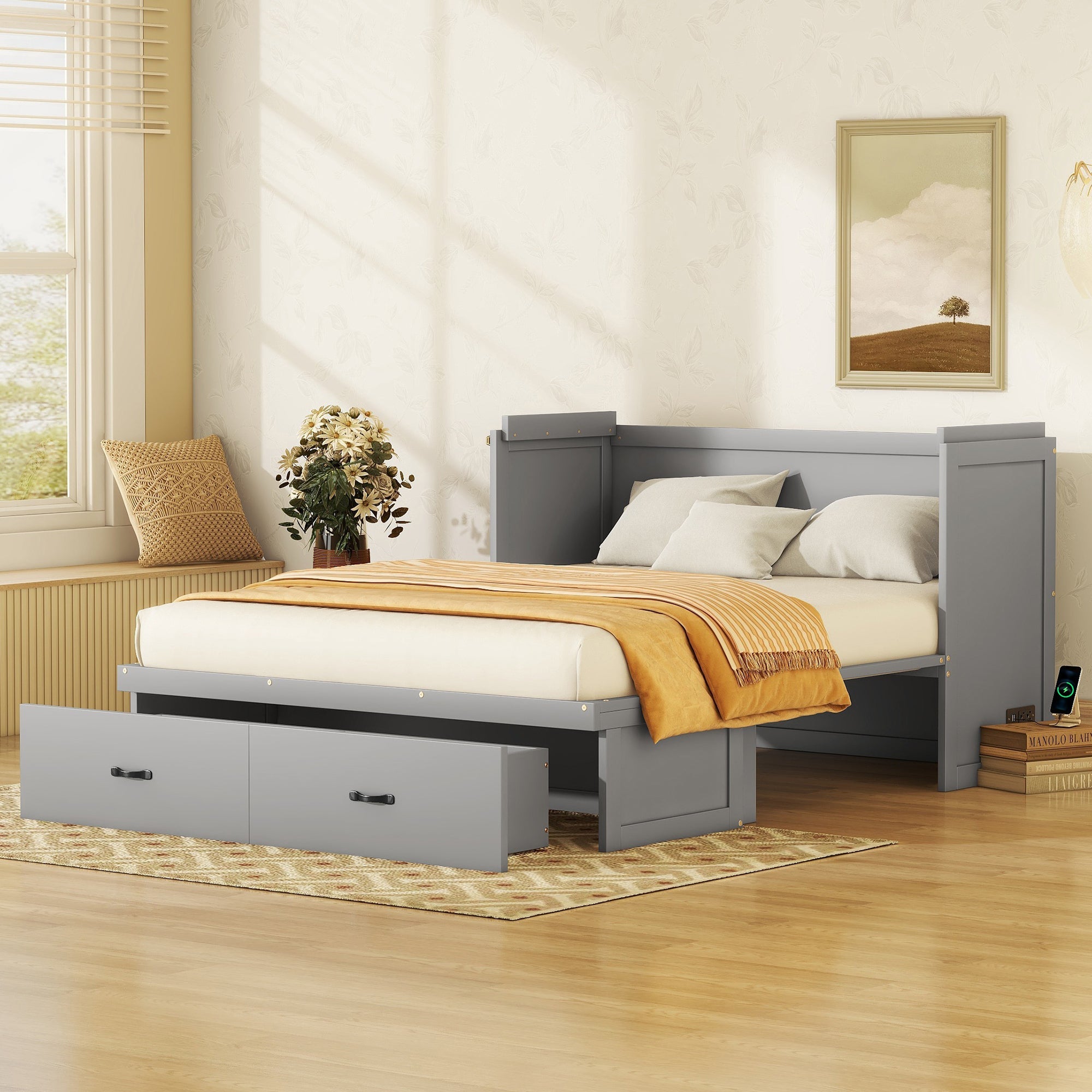 Queen Size Murphy Bed with USB Port and a Large Drawer, Gray image 1