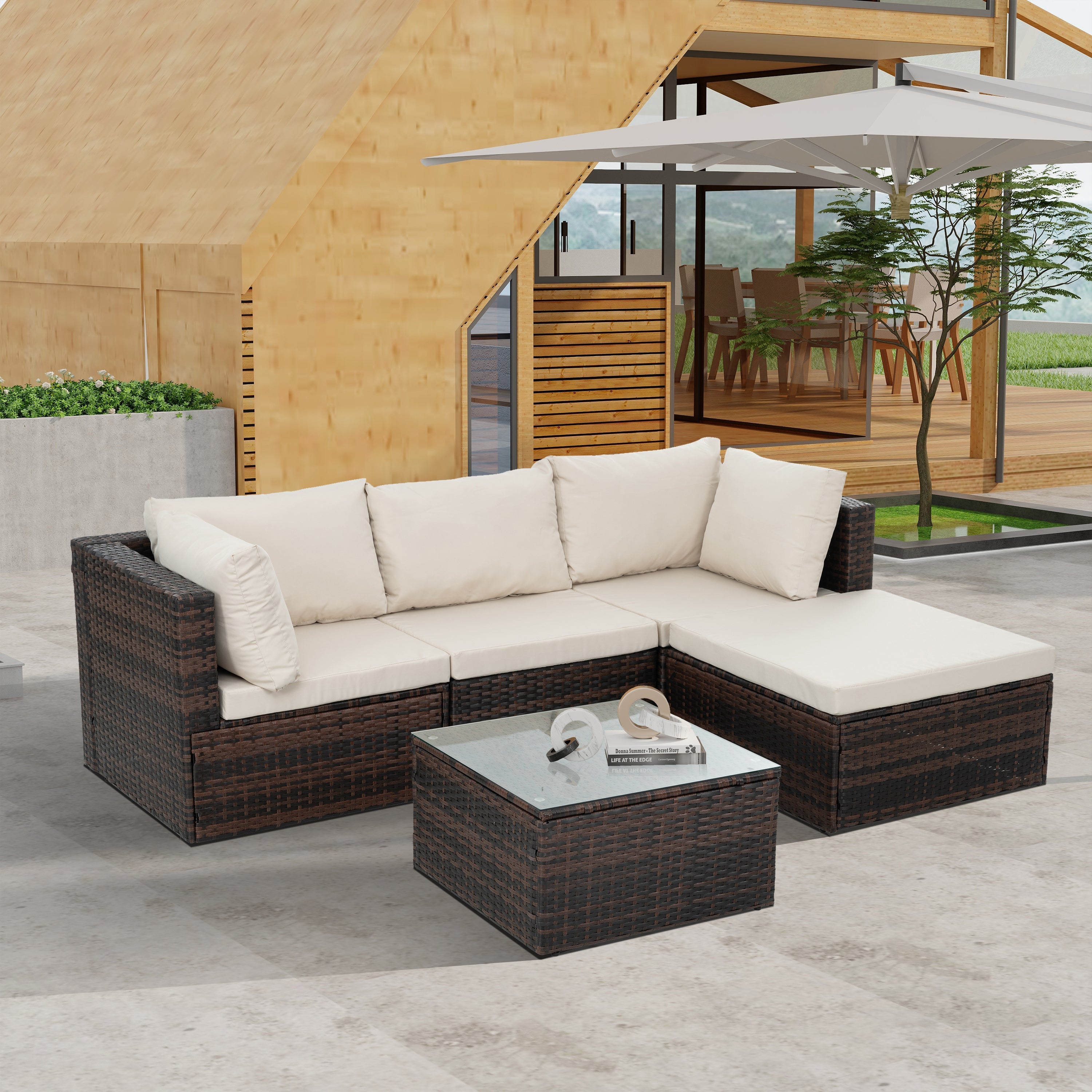 Patio Furniture, Outdoor Furniture, Seasonal PE Wicker Furniture, 5 Set Wicker Furniture With Tempered Glass Coffee Table image 1