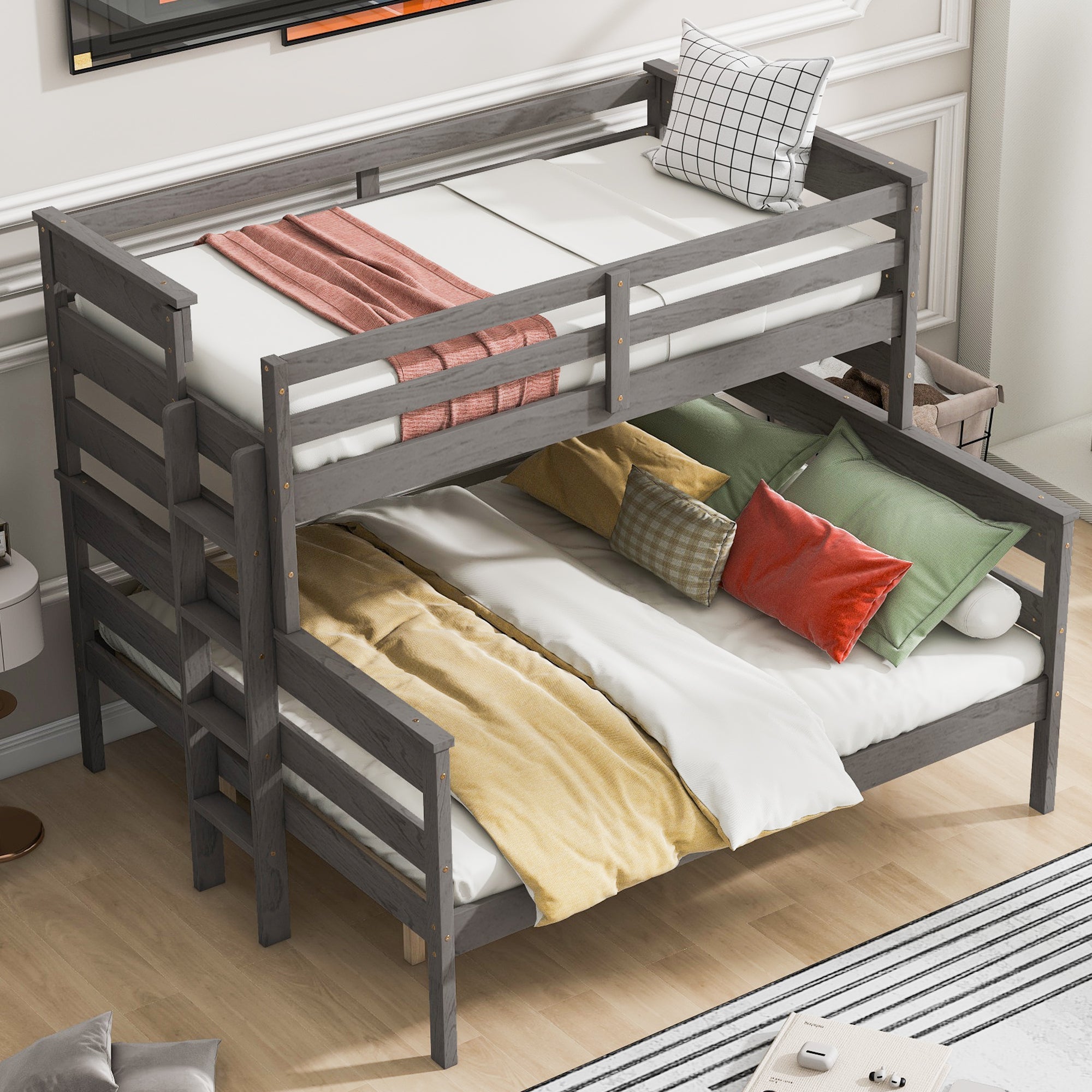 Wood Twin XL over Queen Bunk Bed with Ladder, Gray image 1