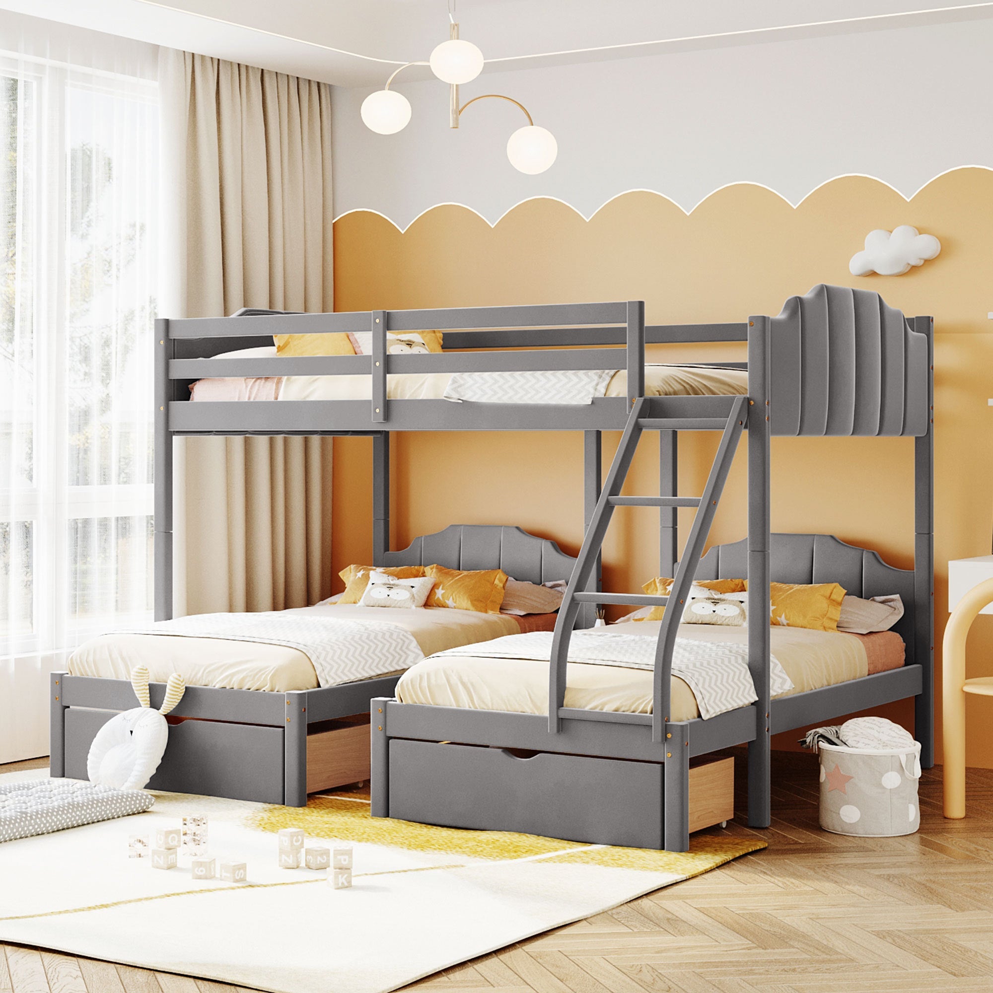 Full Over Twin & Twin Bunk Bed, Velvet Triple Bunk Bed with Drawers and Guardrails, Gray image 1