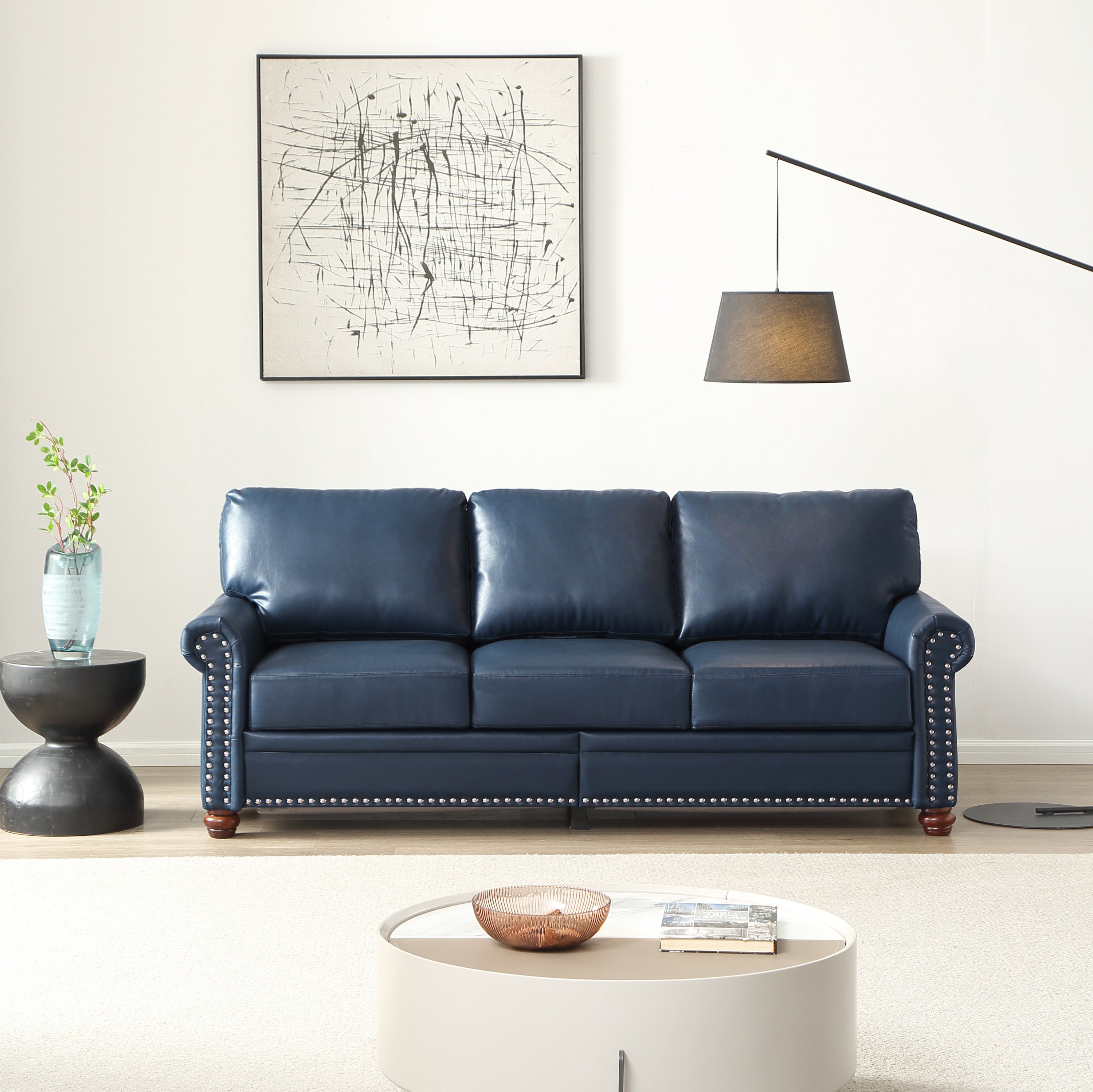 Classic Living Room Nails Sofa Navy Blue Faux Leather image 1