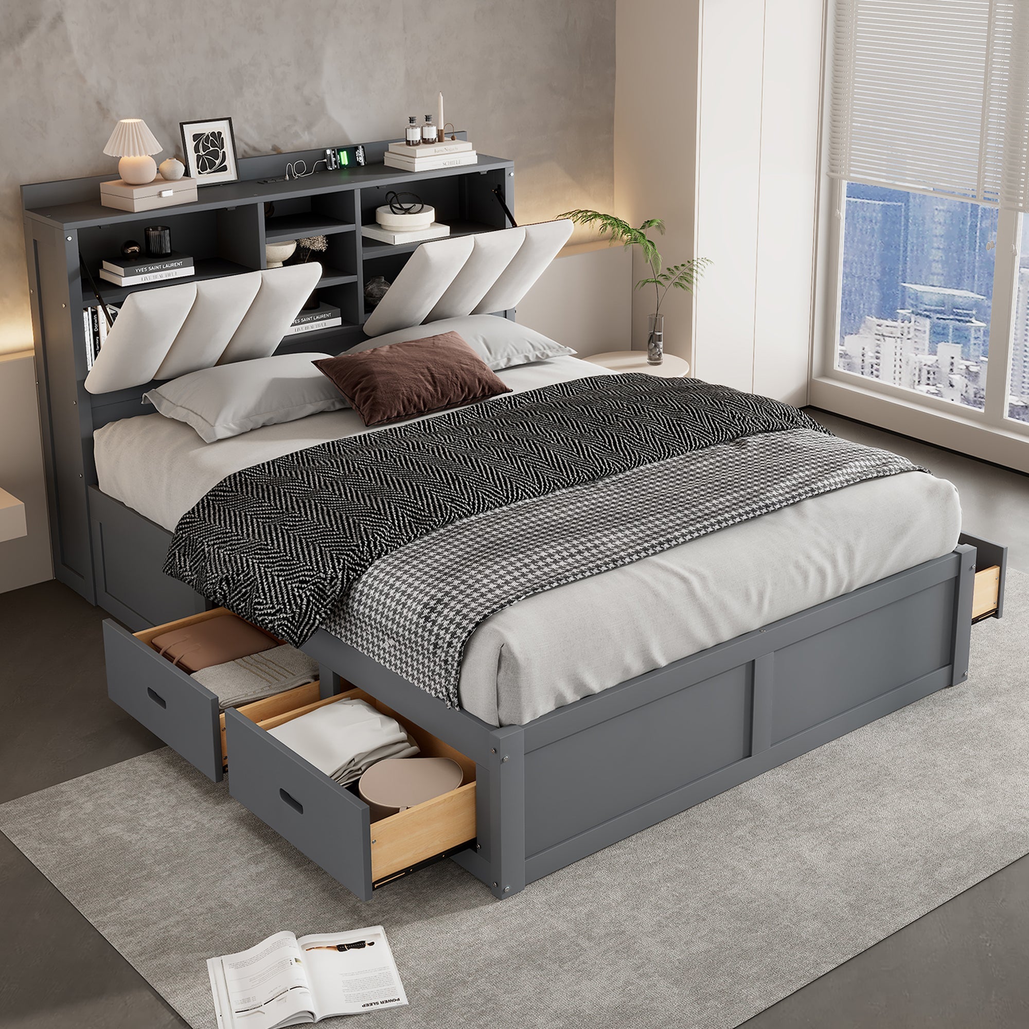 Wood Full Size Platform Bed with Storage Headboard and 4 Drawers, Gray image 1