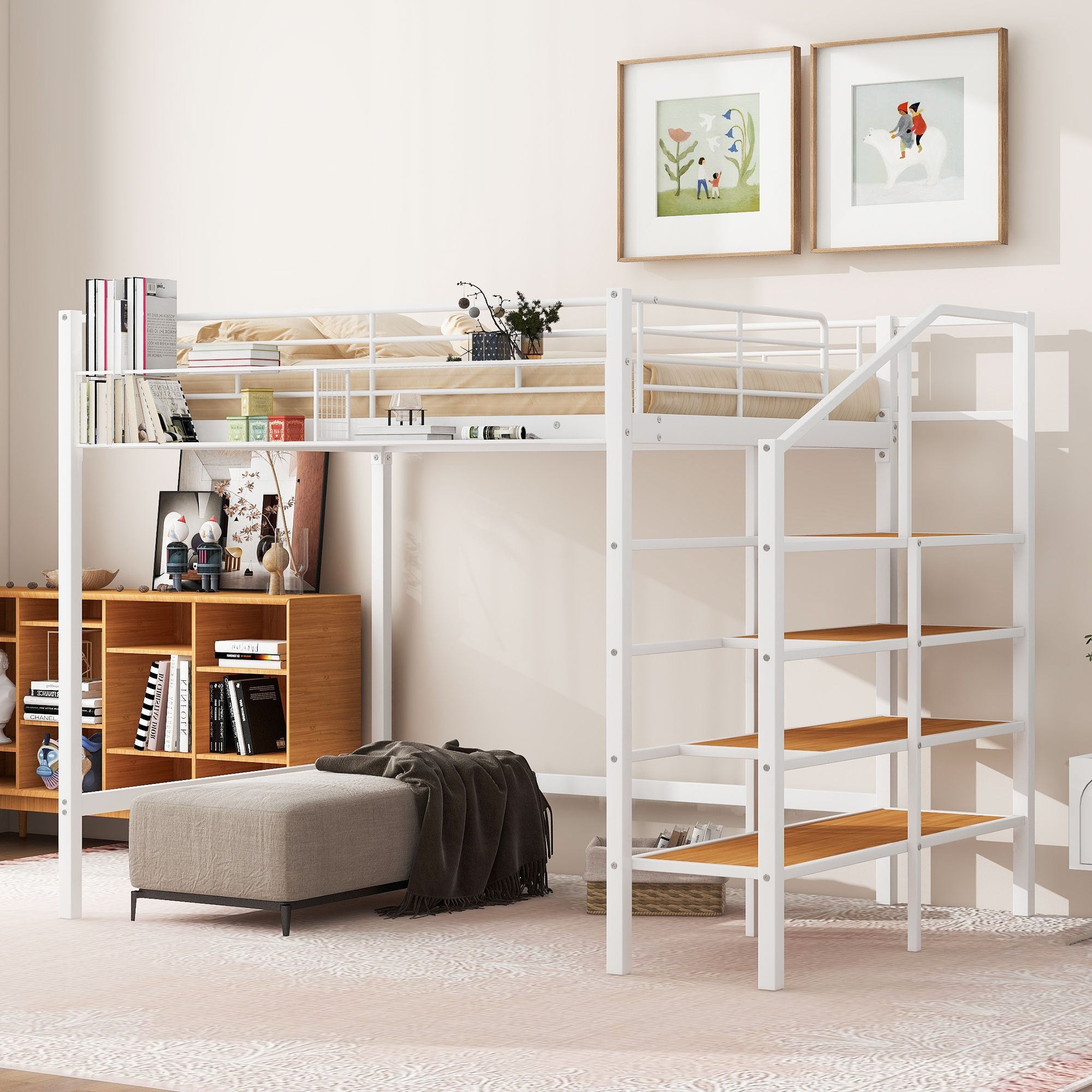 Full Size Metal Loft Bed with Upper Grid Storage Shelf and Lateral Storage Ladder, White image 1