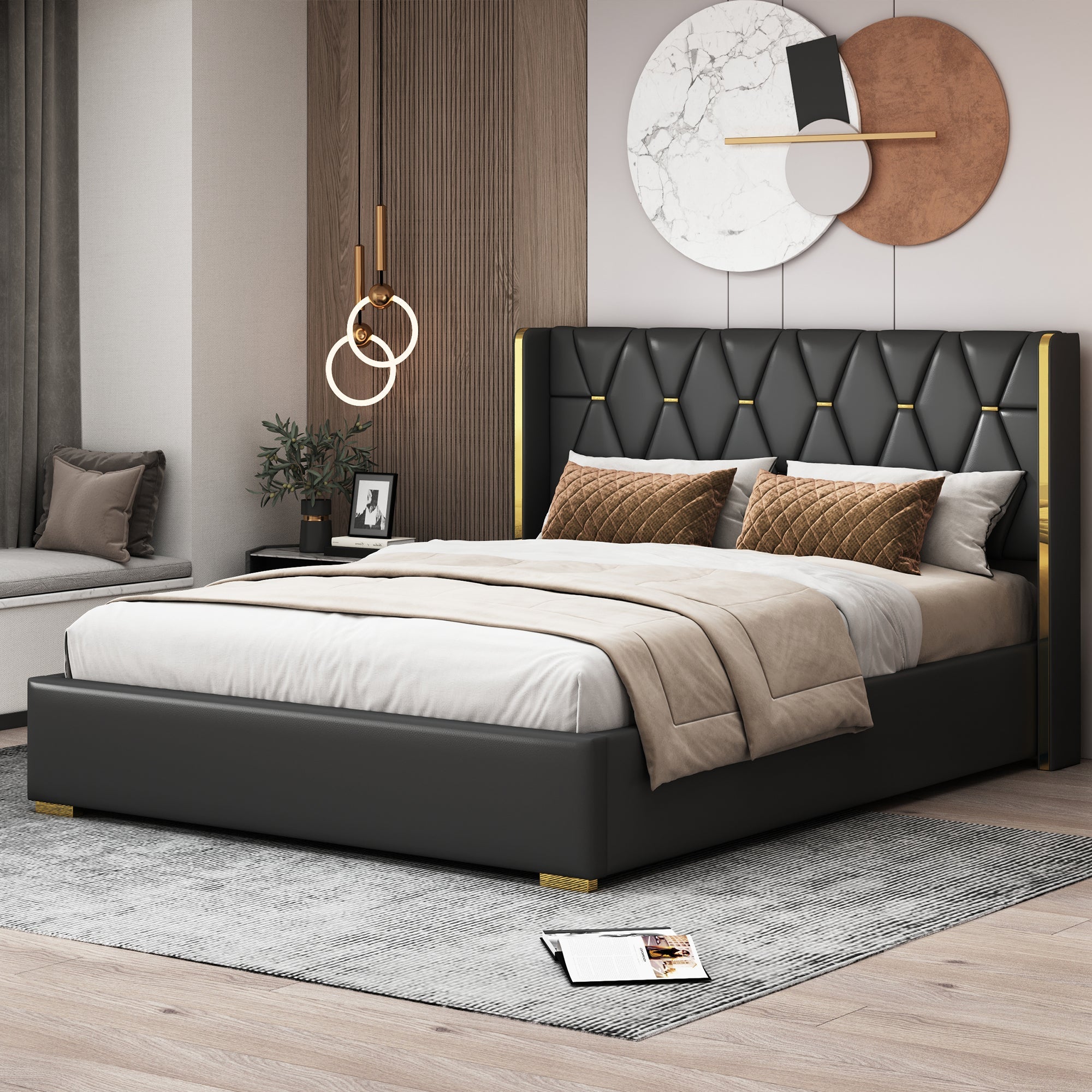 Queen Size Upholstered Platform Bed with Metal Strips, Black image 1