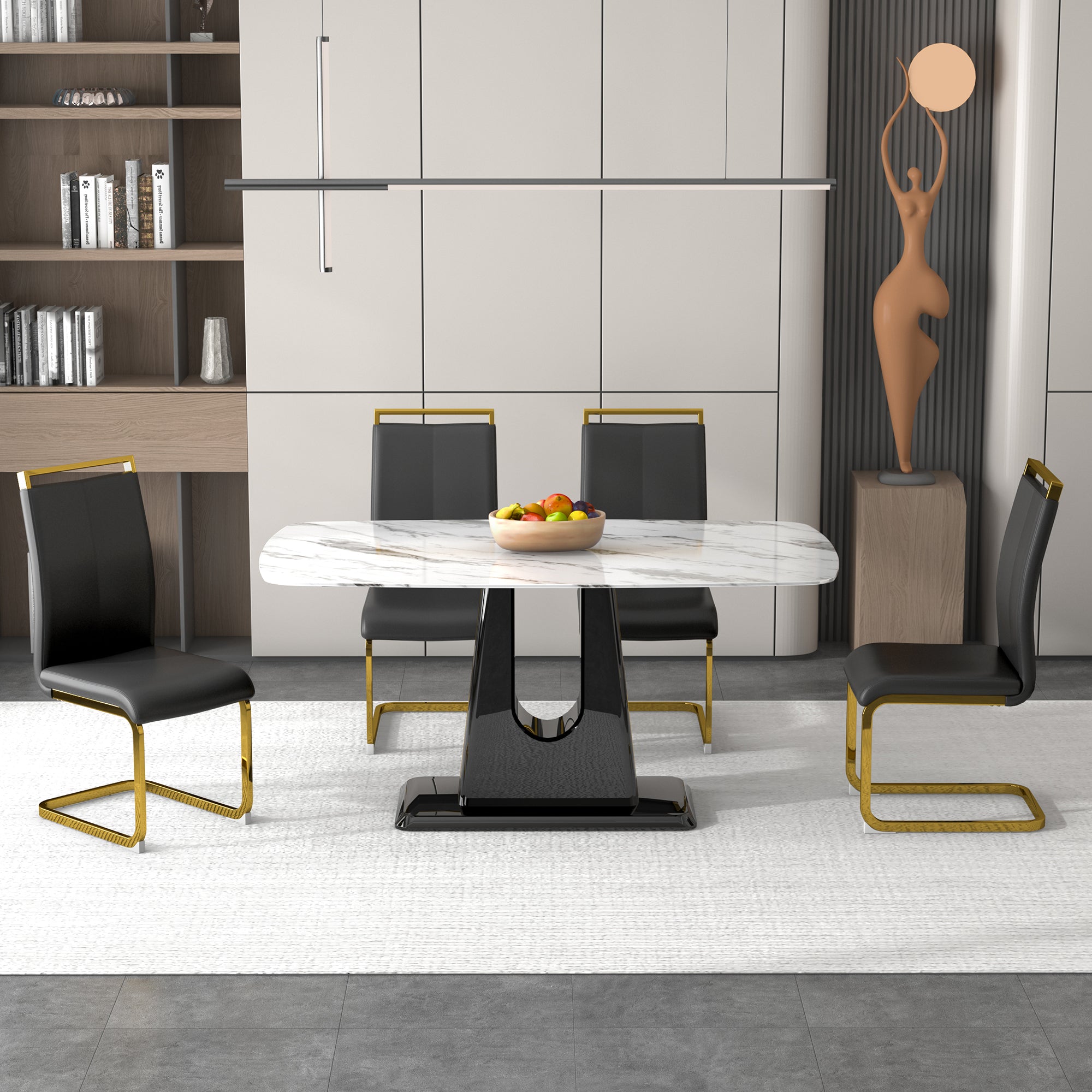 1 table and 4 chairs. Modern, simple and luxurious white imitation marble rectangular dining table and desk with 4 black PU gold plated leg chairs 63