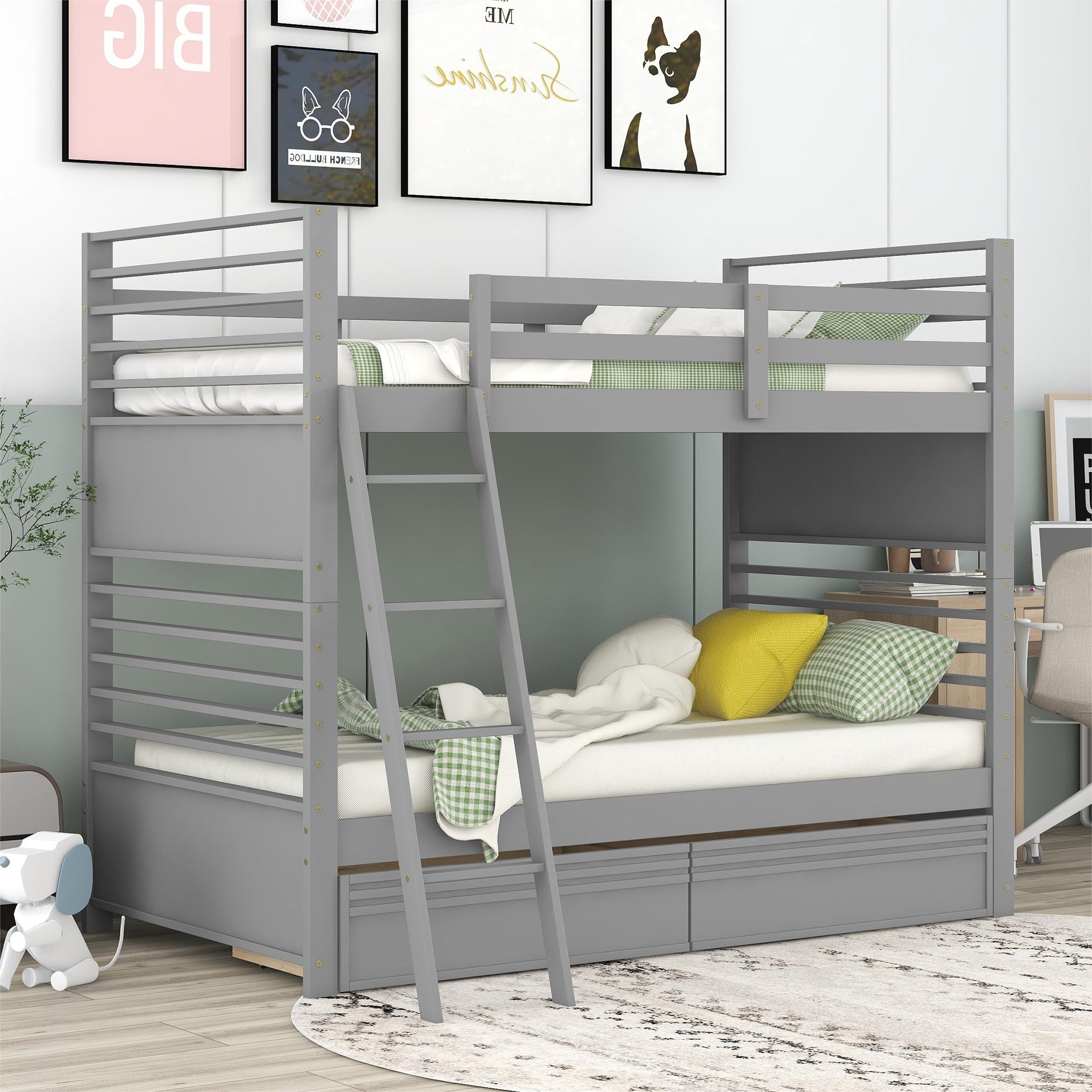 Twin over Twin Wood Bunk Bed with Two Drawers - Gray image 1
