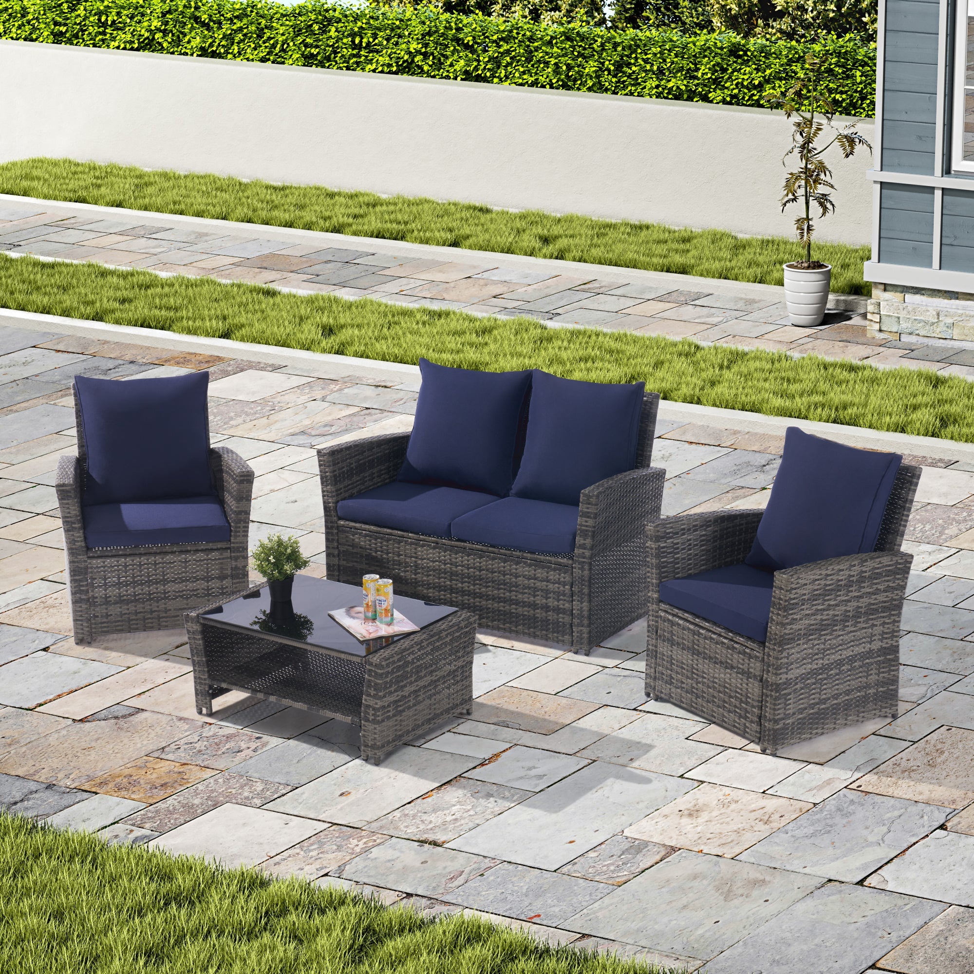 4 Pieces Outdoor Patio Furniture Sets Garden Rattan Chair Wicker Set, Poolside Lawn Chairs with Tempered Glass Coffee Table Porch Furniture, Gray Rattan + Dark Blue color Cushion image 1