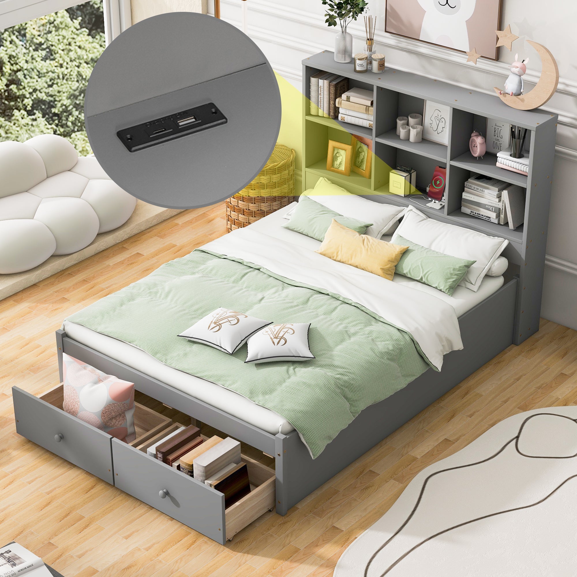 Full Size Platform Bed with Storage Headboard, Charging Station and 2 Drawers, Gray image 1