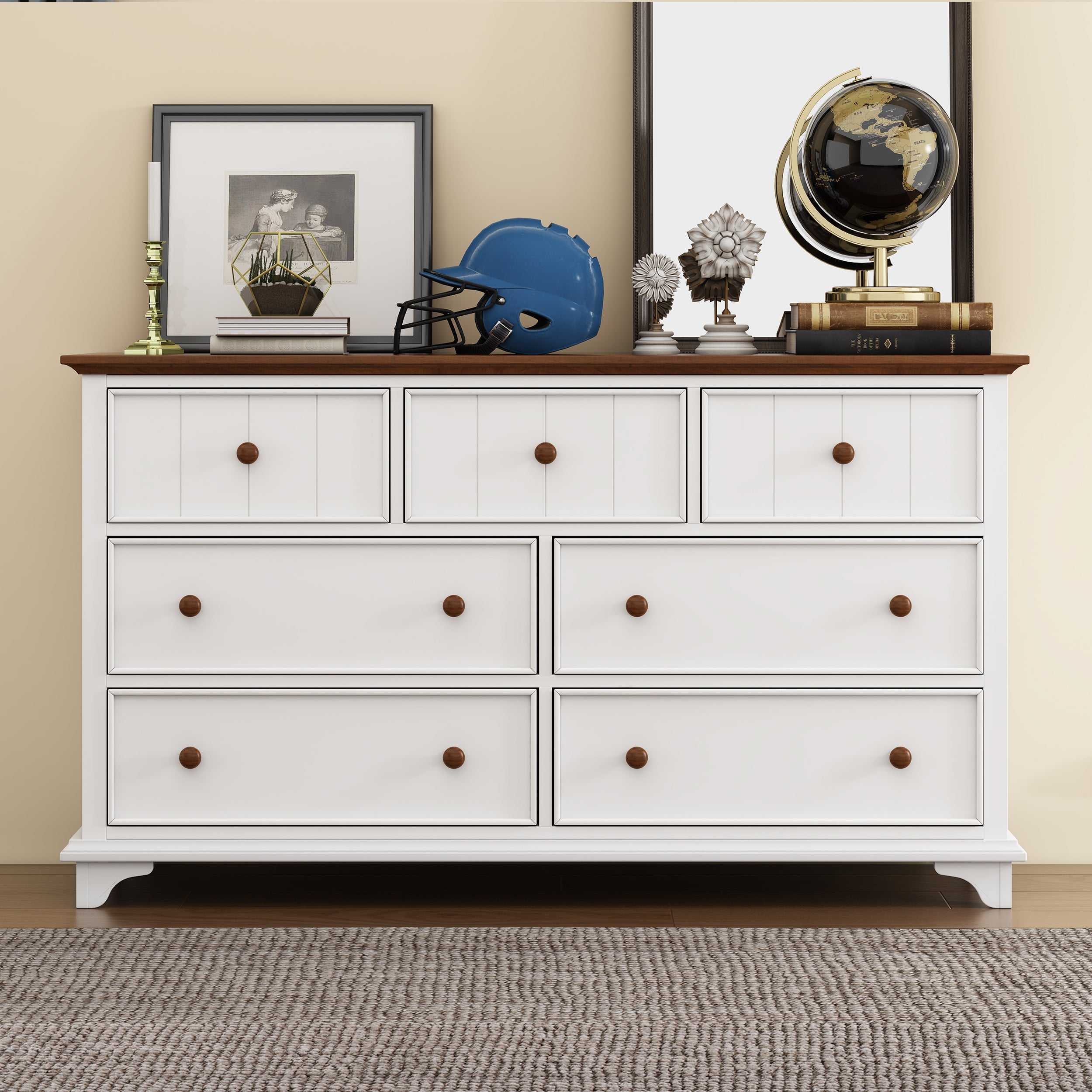 Wooden Captain Seven-Drawer Dresser for Bedroom, Living Room, Kids' Room, White+Walnut image 1