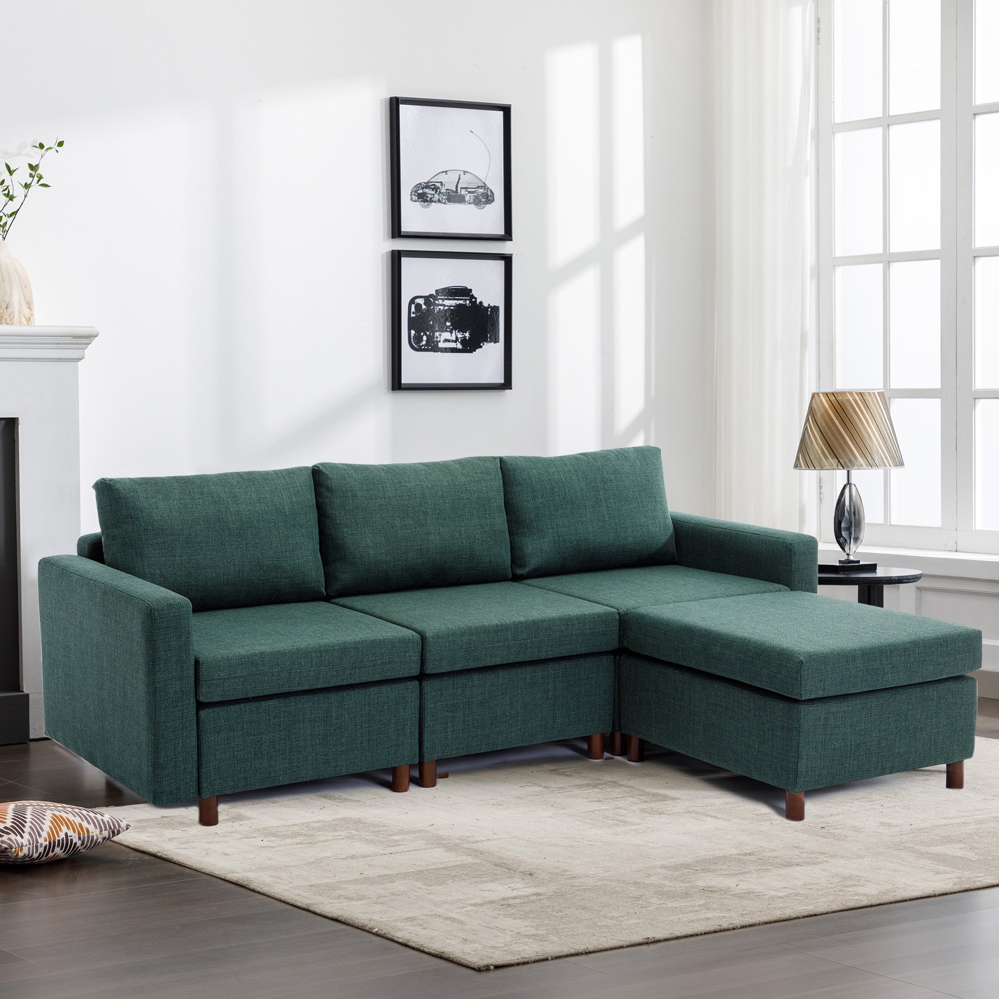 3 Seat Module Sectional Sofa Couch With 1 Ottoman for living room,Seat Cushion and Back Cushion Non-Removable and Non-Washable,Green image 1
