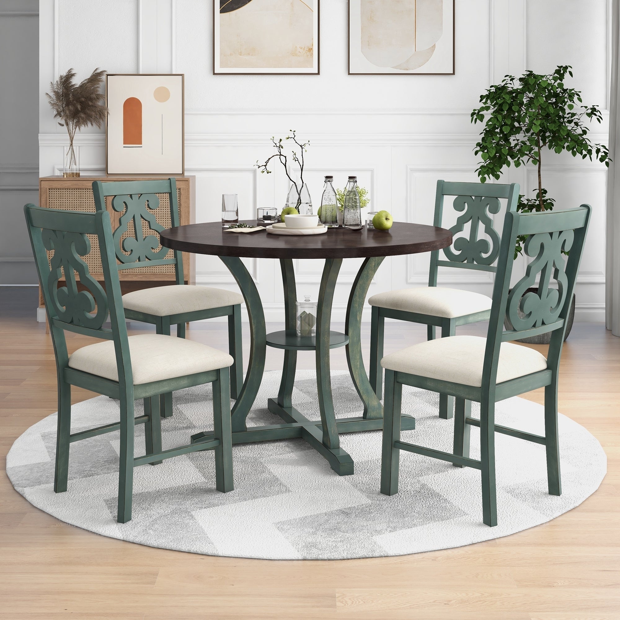5-Piece Round Dining Table and 4 Fabric Chairs with Special-shaped Table Legs and Storage Shelf (Antique Blue/ Dark Brown) image 1
