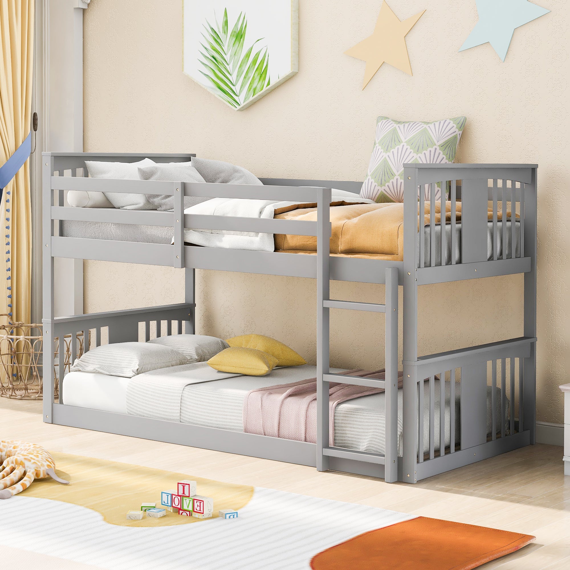 Twin Over Twin Bunk Bed with Ladder, Gray image 1