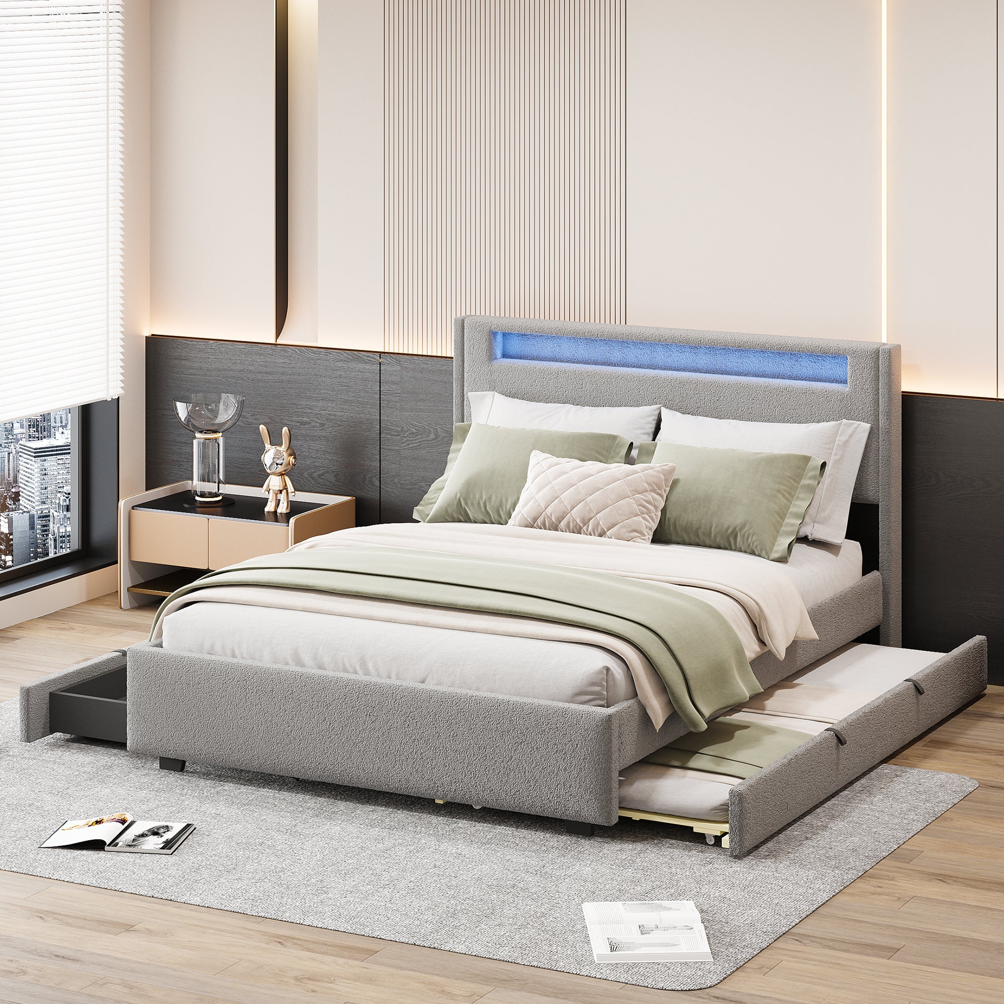 Full Size Upholstered Platform Bed with LED Frame, with Twin Size Trundle and 2 drawers, Teddy Fleece, Gray image 1