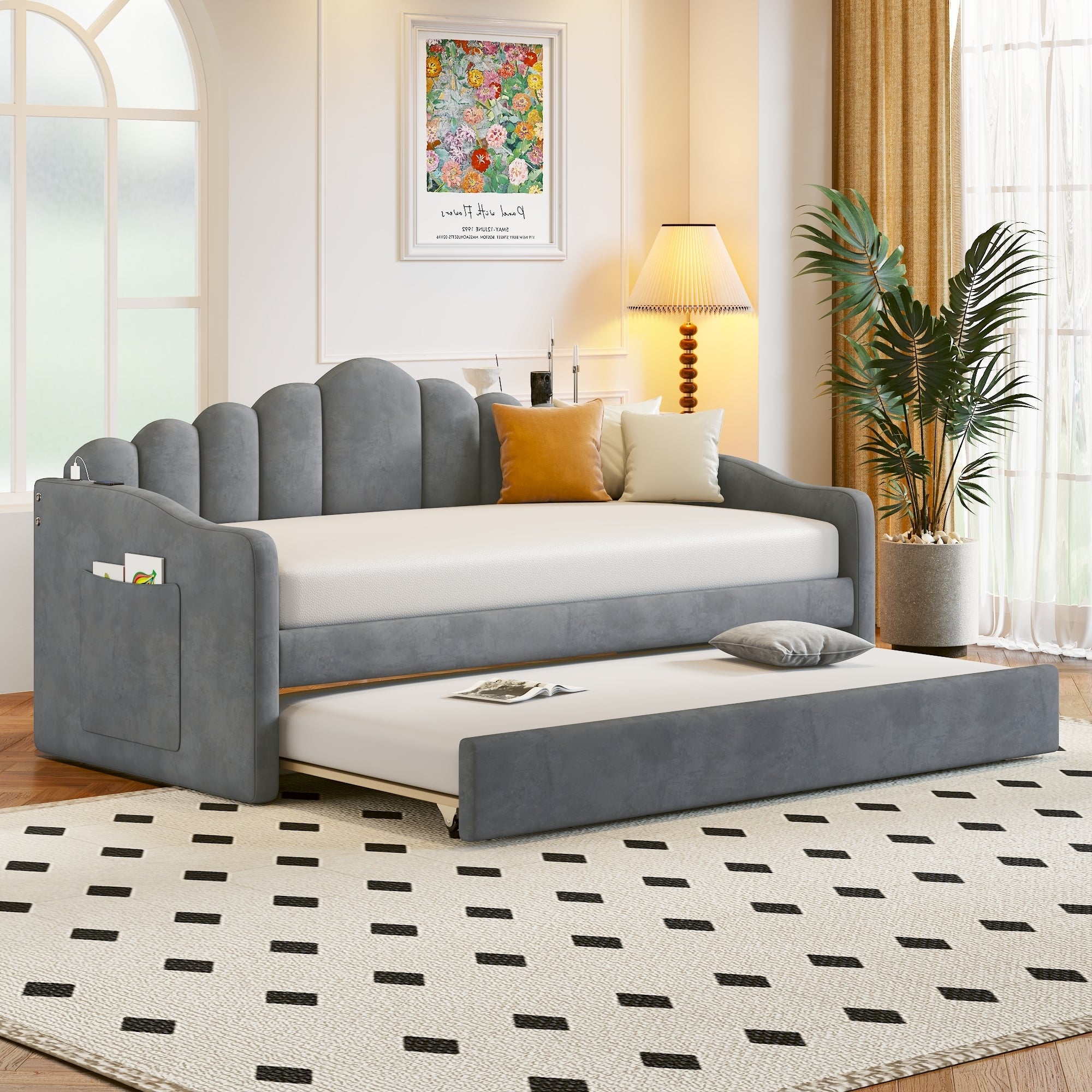 Twin size Upholstered Daybed with Trundle, Velvet Sofabed with USB Charging Ports,No Box-spring Needed,Gray image 1