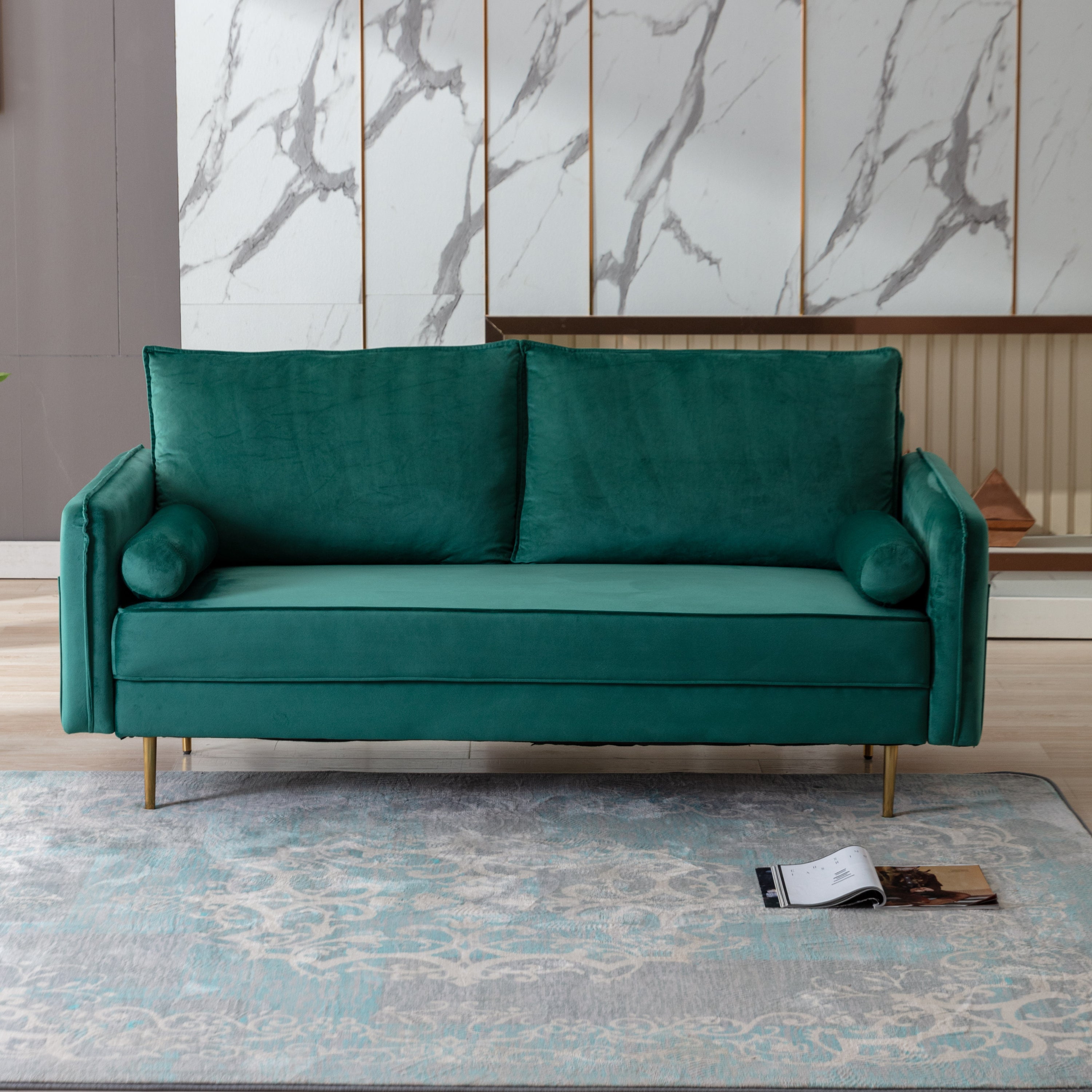 DongHeng Modern Living Room Velvet Fabric Sofa Couch, Loveseat Sofa with pocket, Green image 1