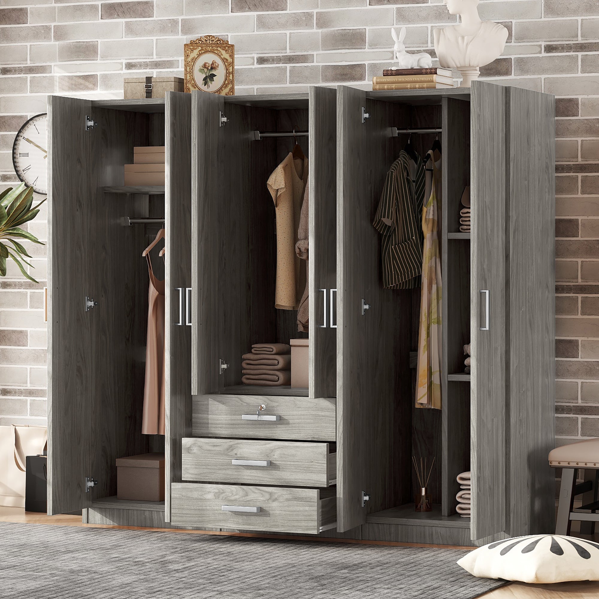 6-Doors Wooden Wardrobe Storage for Bedroom, with Big Drawers, Gray image 1
