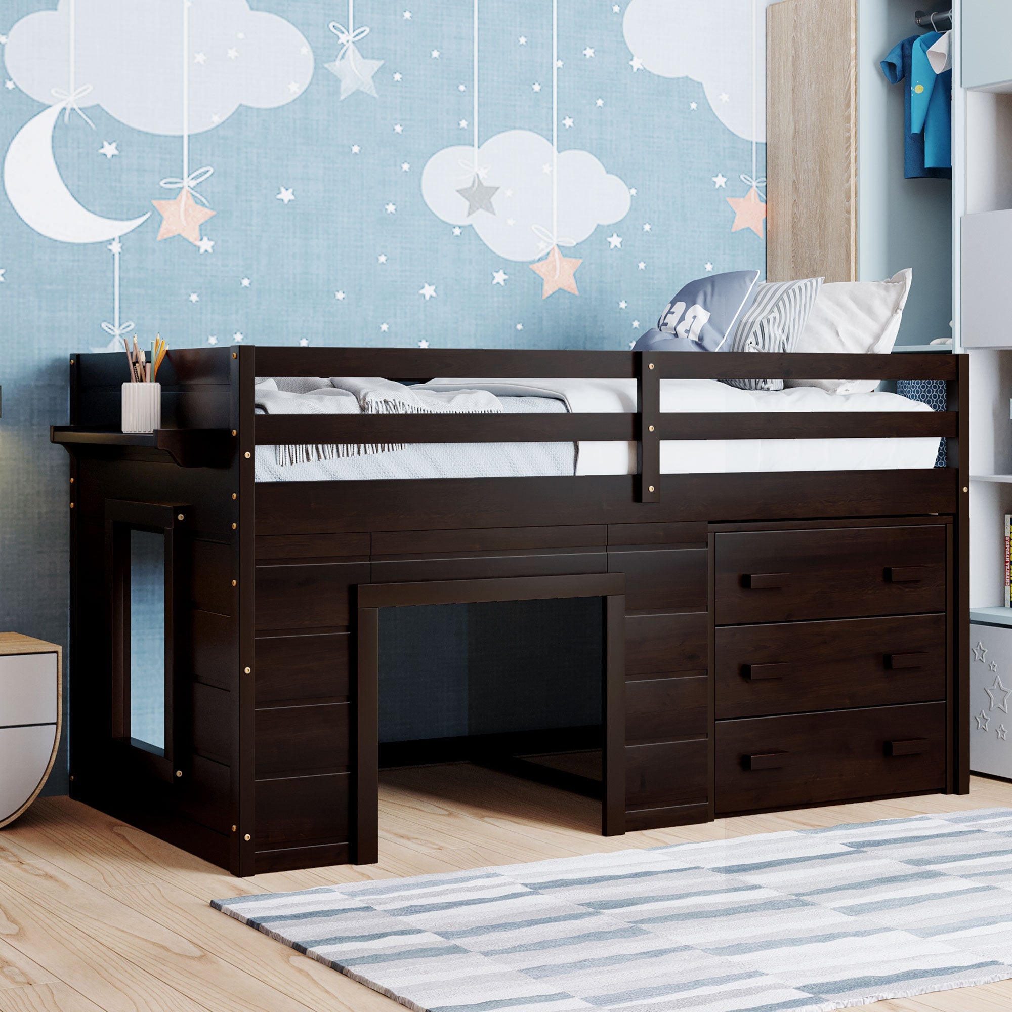 Twin Size Loft Bed with Cabinet and Shelf - Espresso (OLD SKU:LP000501AAP) image 1