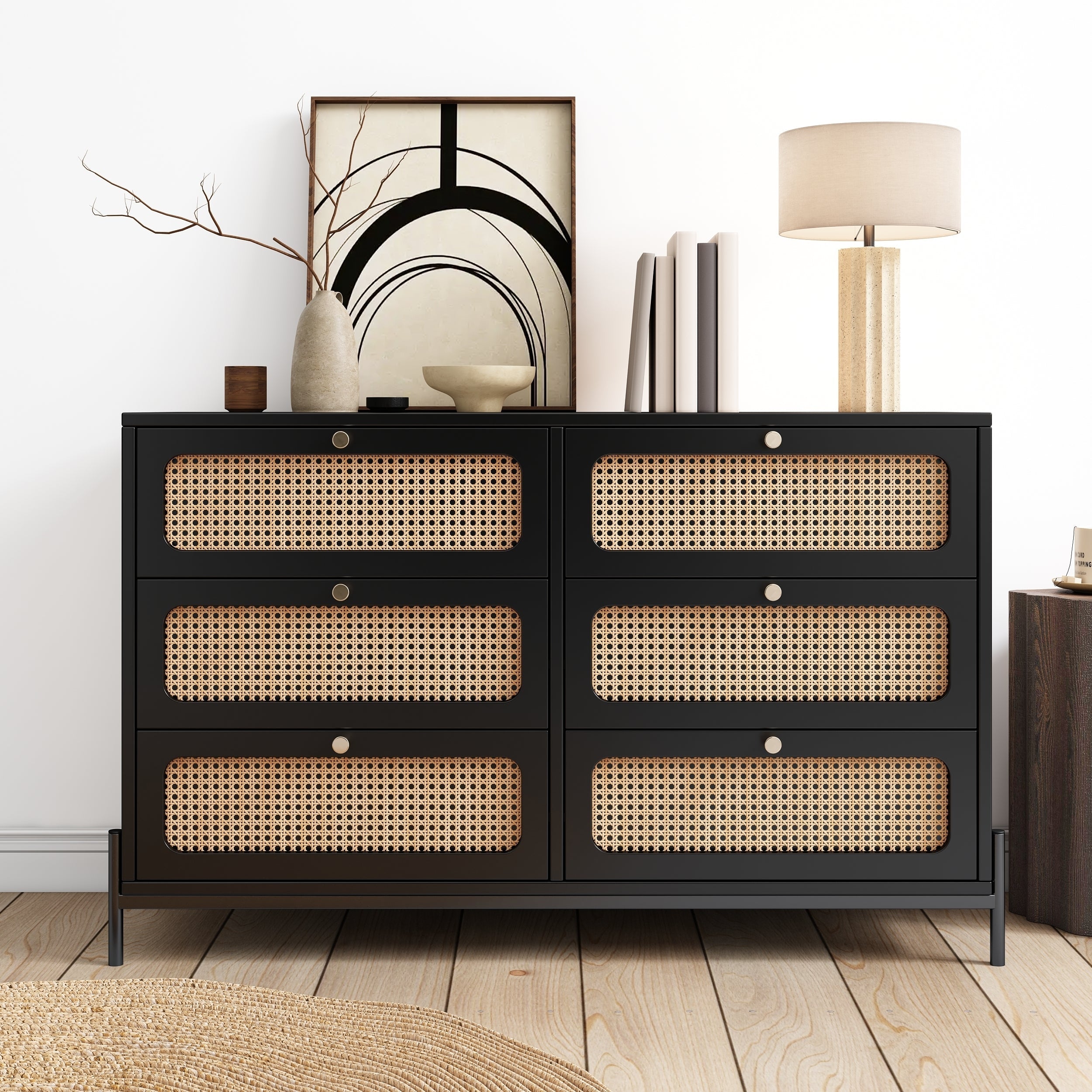 Modern Cannage Rattan Wood Closet 6-Drawer Dresser Wood Storage Cabinet Sideboard for Bedroom, Living Room, Entryway, Hallway, Black image 1