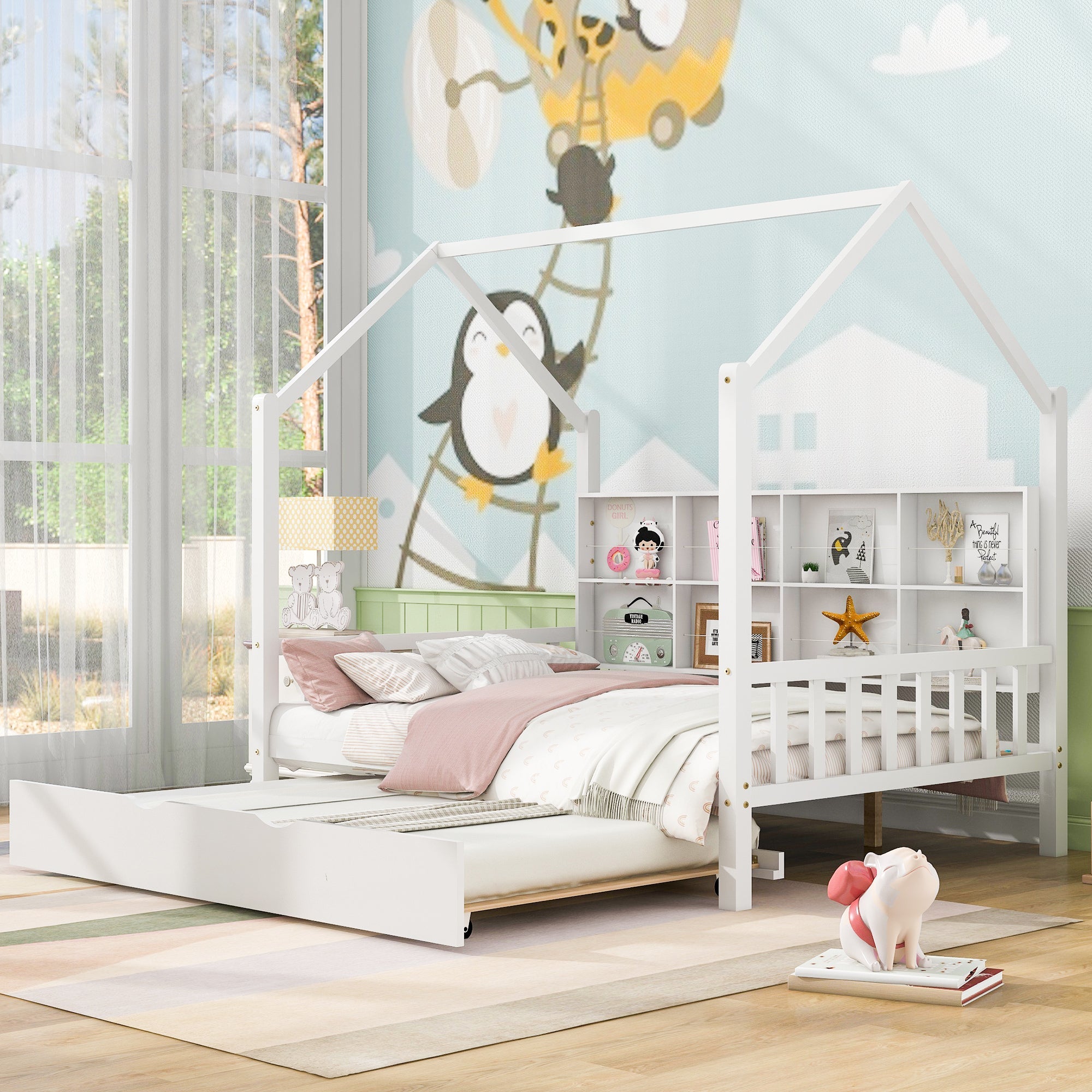 Wooden Full Size House Bed with Trundle,Kids Bed with Shelf, White image 1