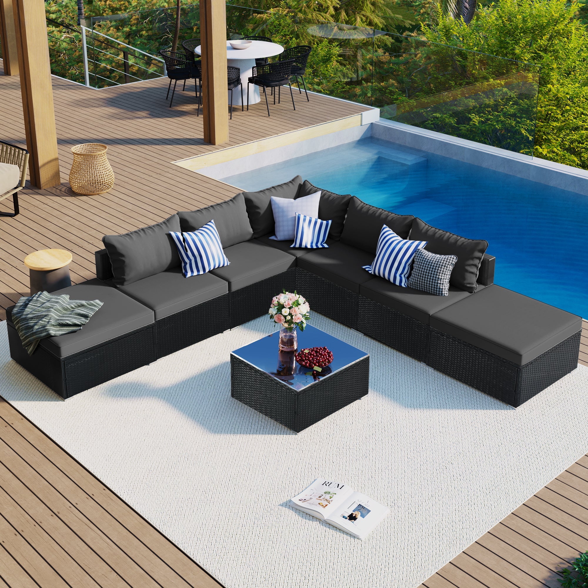 8-Pieces Outdoor Patio Furniture Sets, Garden Conversation Wicker Sofa Set, Single Sofa Combinable, Gray Cushions Black Wicker image 1