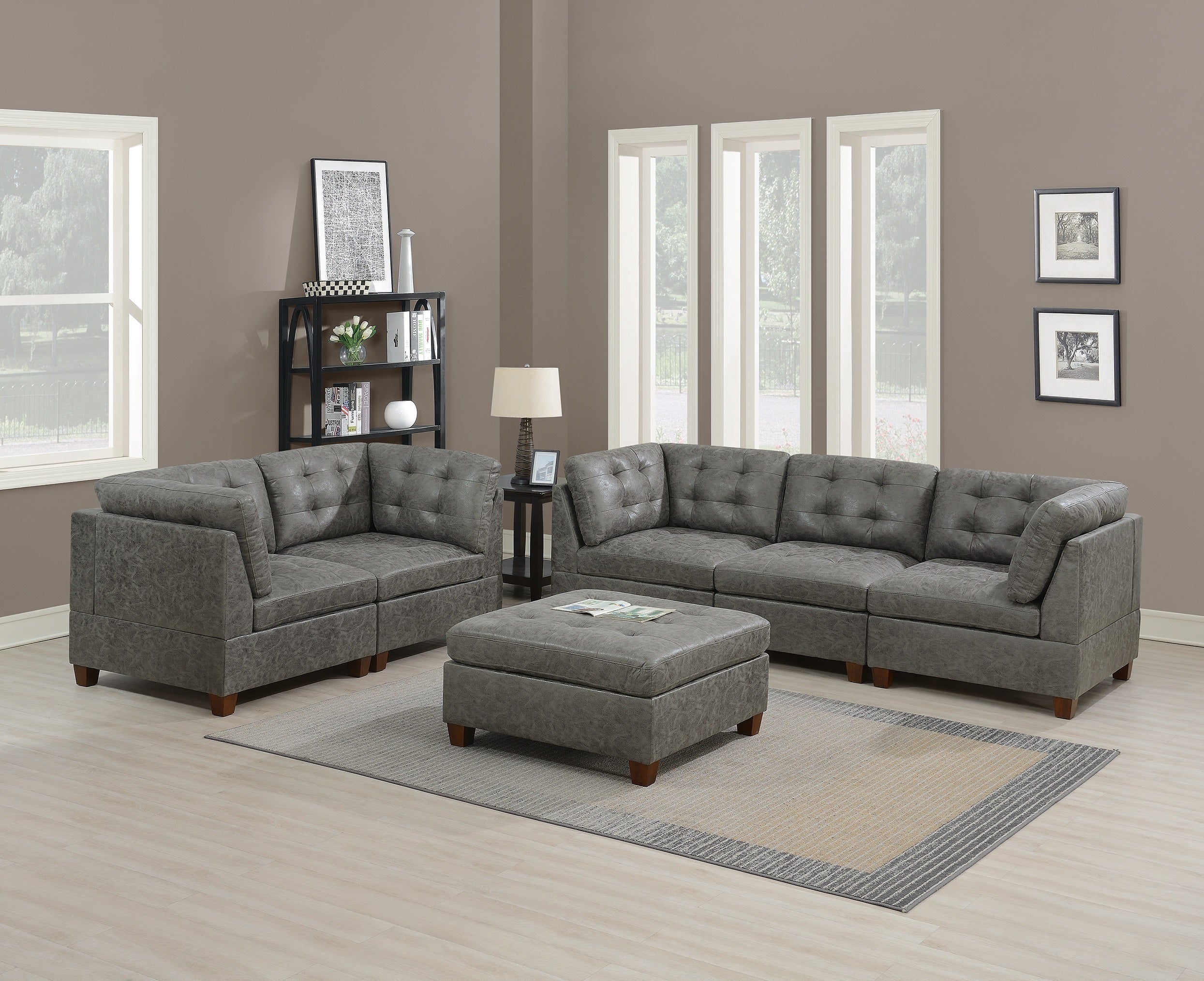 Living Room Furniture Antique Grey Modular Sofa Set 6pc Set Breathable Leatherette Tufted Couch 4x Corner Wedge 1x Armless Chair and 1x Ottoman image 1