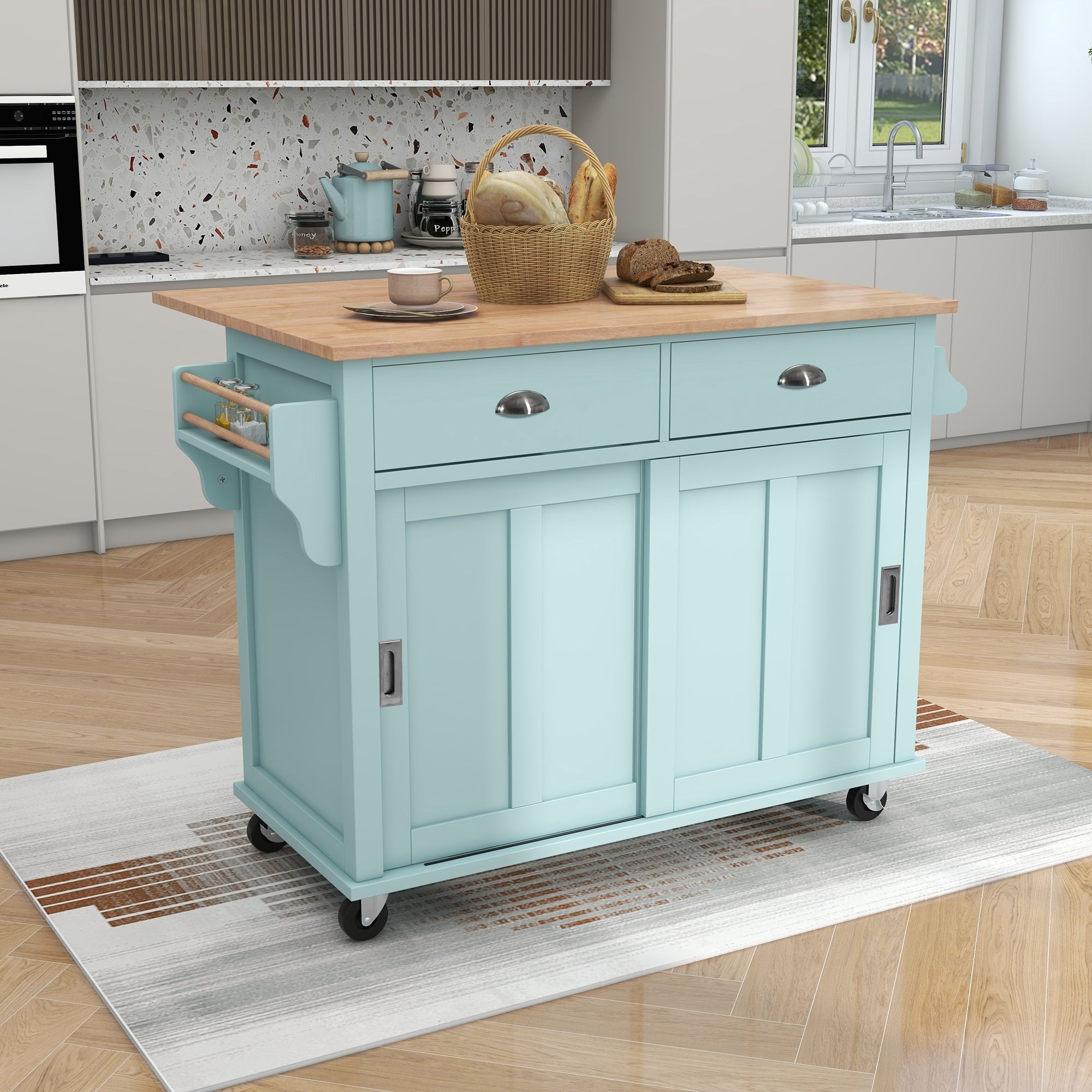 Kitchen Cart with Rubber wood Drop-Leaf Countertop, Concealed sliding barn door adjustable height,Kitchen Island on 4 Wheels with Storage Cabinet and 2 Drawers,L52.2xW30.5xH36.6 inch, Mint Green image 1