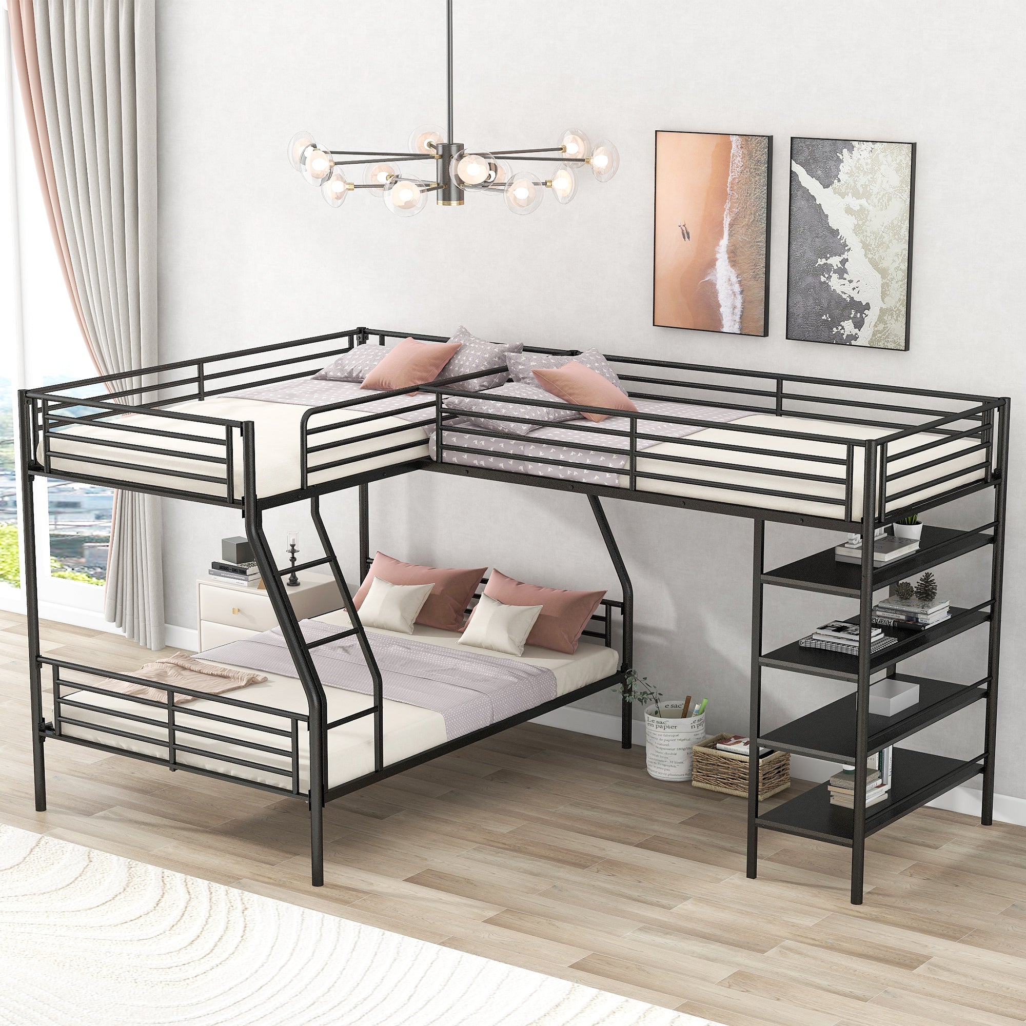 L-Shaped Metal Twin over Full Bunk Bed and Twin Size Loft Bed with Four Built-in Shelves,Black image 1