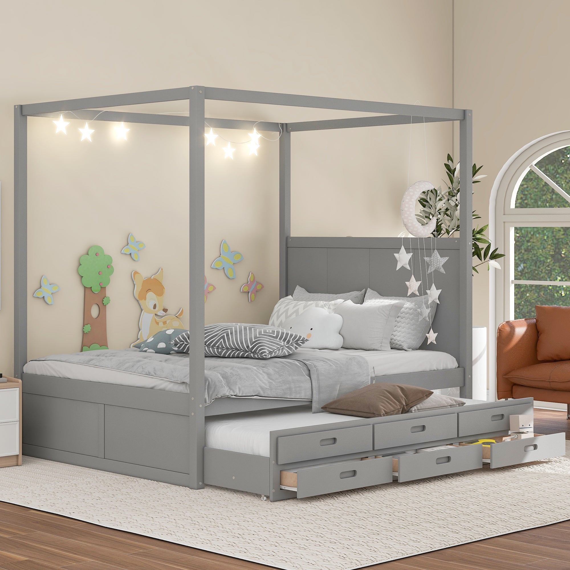 Queen Size Canopy Platform Bed with Twin Size Trundle and Three Storage Drawers,Gray image 1