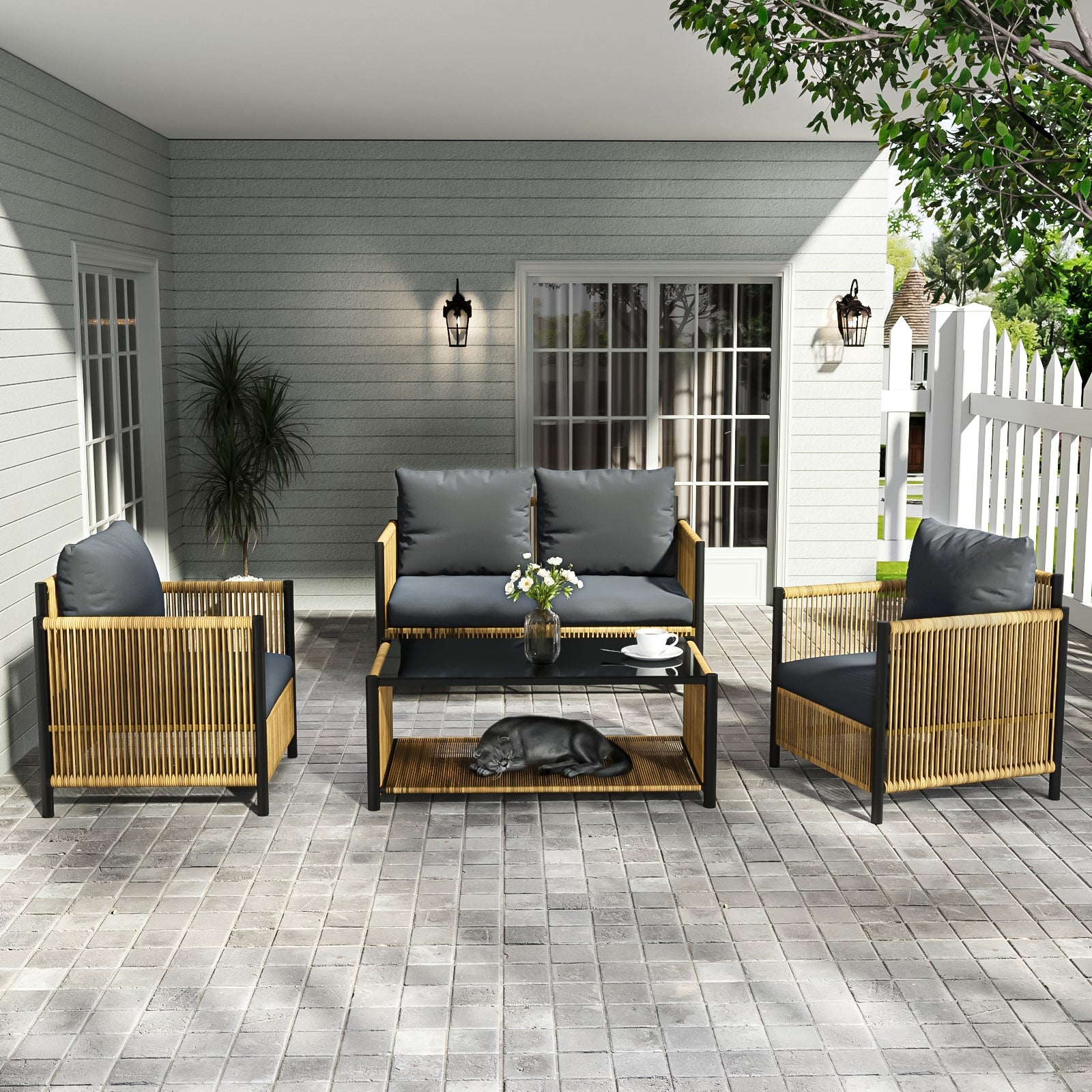 New Comming Patio 4 Pieces Brown PE Wicker Sofa Set with Grey Cushion image 1