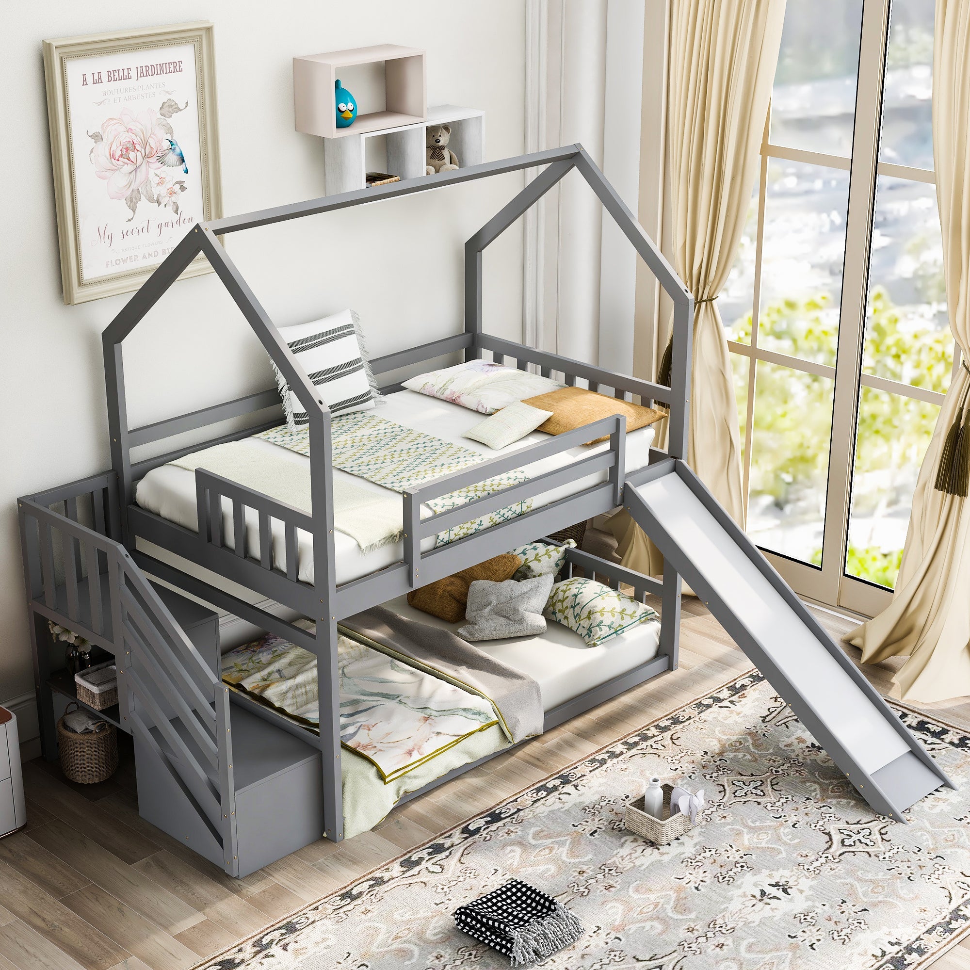 Twin over Twin House Bunk Bed with Convertible Slide,Storage Staircase can be Placed Left or Right,Gray image 1