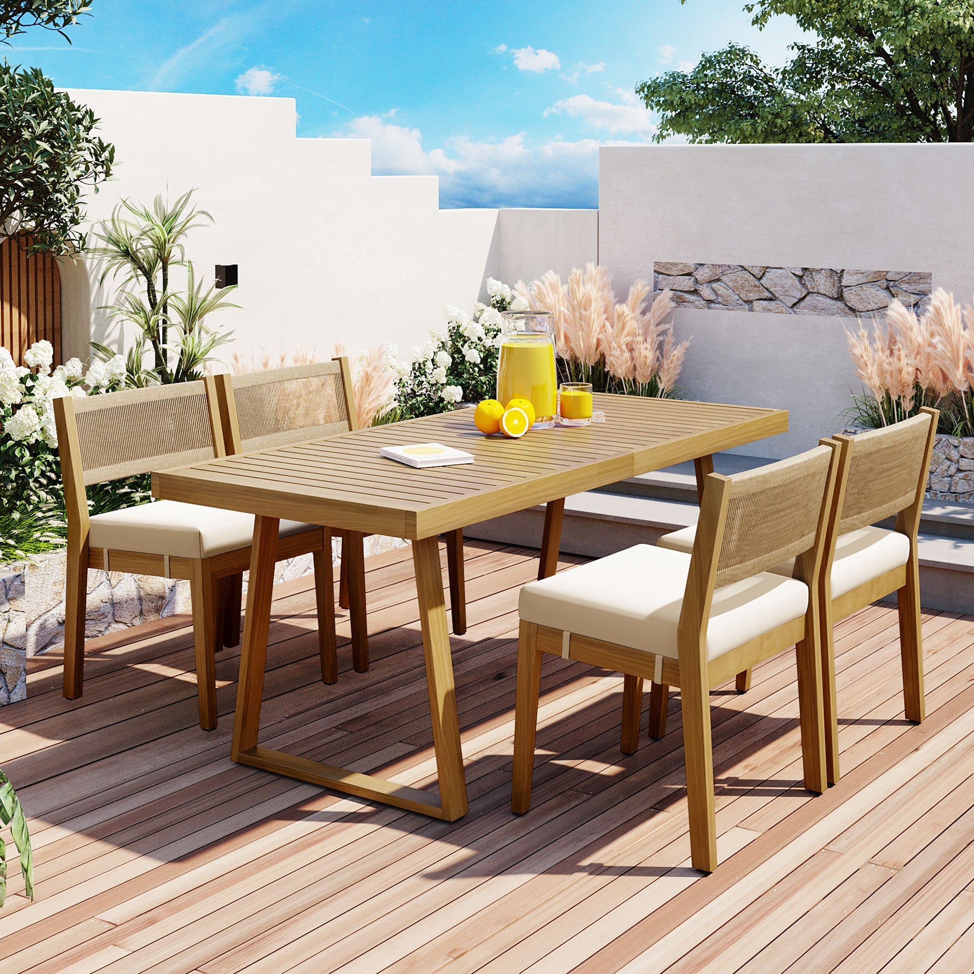 Multi-person Outdoor Acacia Wood Dining Table and Chair Set, Thick Cushions, Suitable for Balcony, Vourtyard, and Garden. image 1