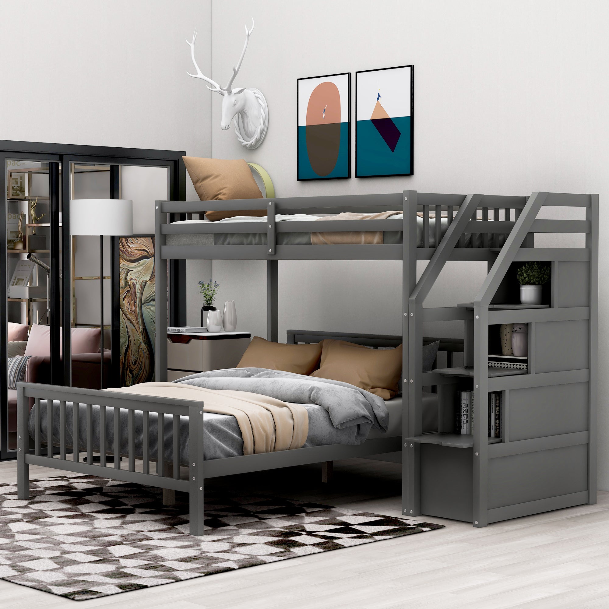 Twin over Full Loft Bed with Staircase,Gray image 1
