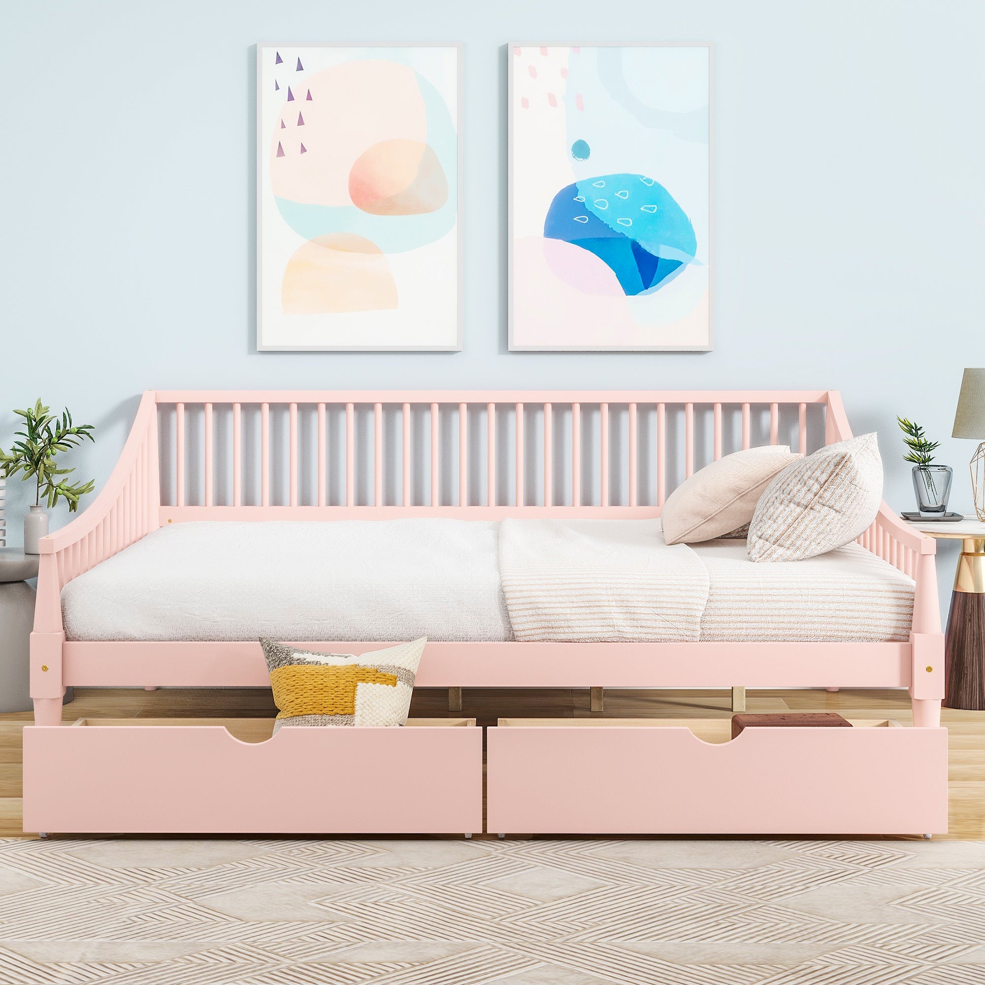 Full Size Daybed with Two Storage Drawers and Support Legs, Pink image 1