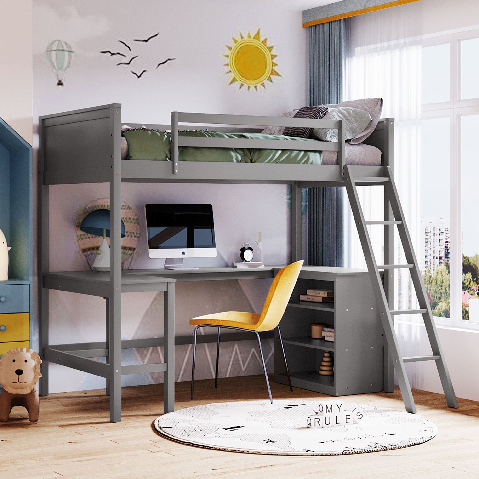 Twin size Loft Bed with Shelves and Desk, Wooden Loft Bed with Desk - Gray image 1