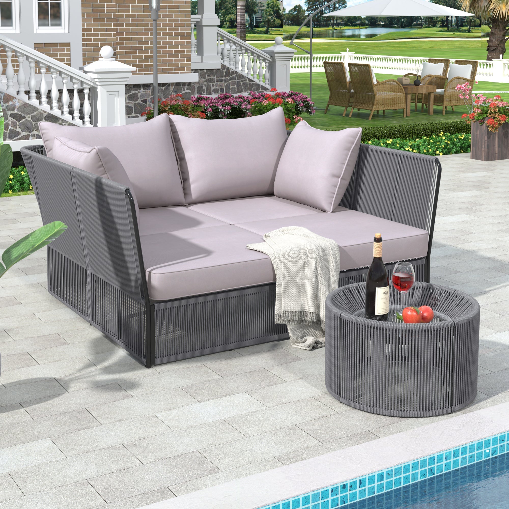 2-Piece Outdoor Sunbed and Coffee Table Set, Patio Double Chaise Lounger Loveseat Daybed with Clear Tempered Glass Table for the patio, poolside (Grey Cushion + Dark Grey Rope) image 1