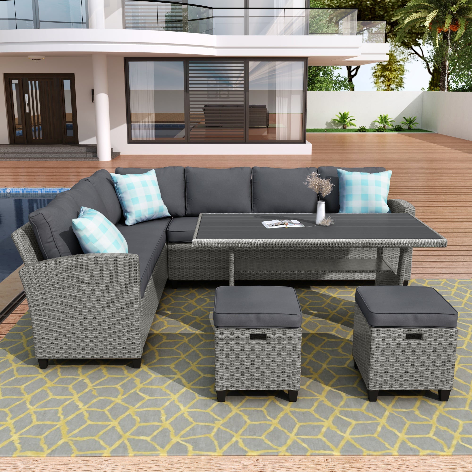 Patio Furniture Set, 5 Piece Outdoor Conversation Set, Dining Table Chair with Ottoman and Throw Pillows image 1