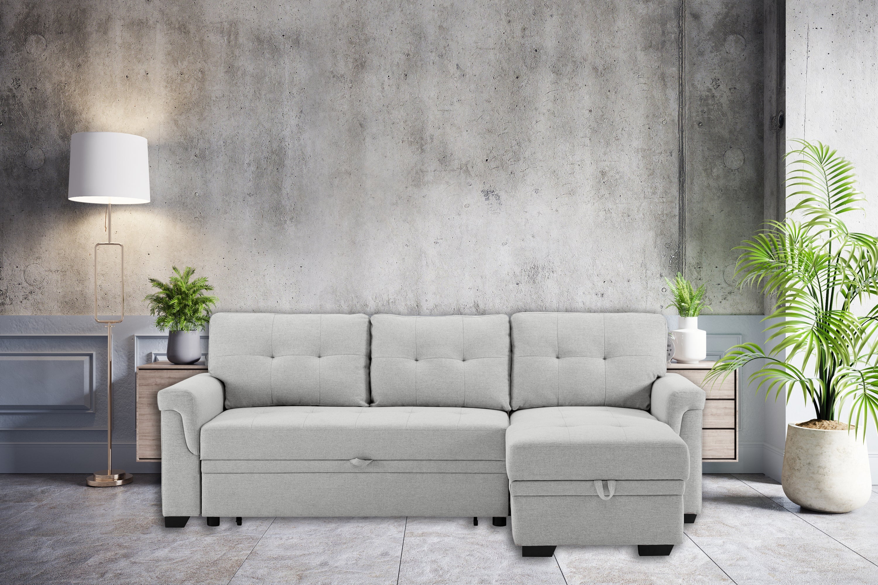 Hunter Light Gray Linen Reversible Sleeper Sectional Sofa with Storage Chaise image 1