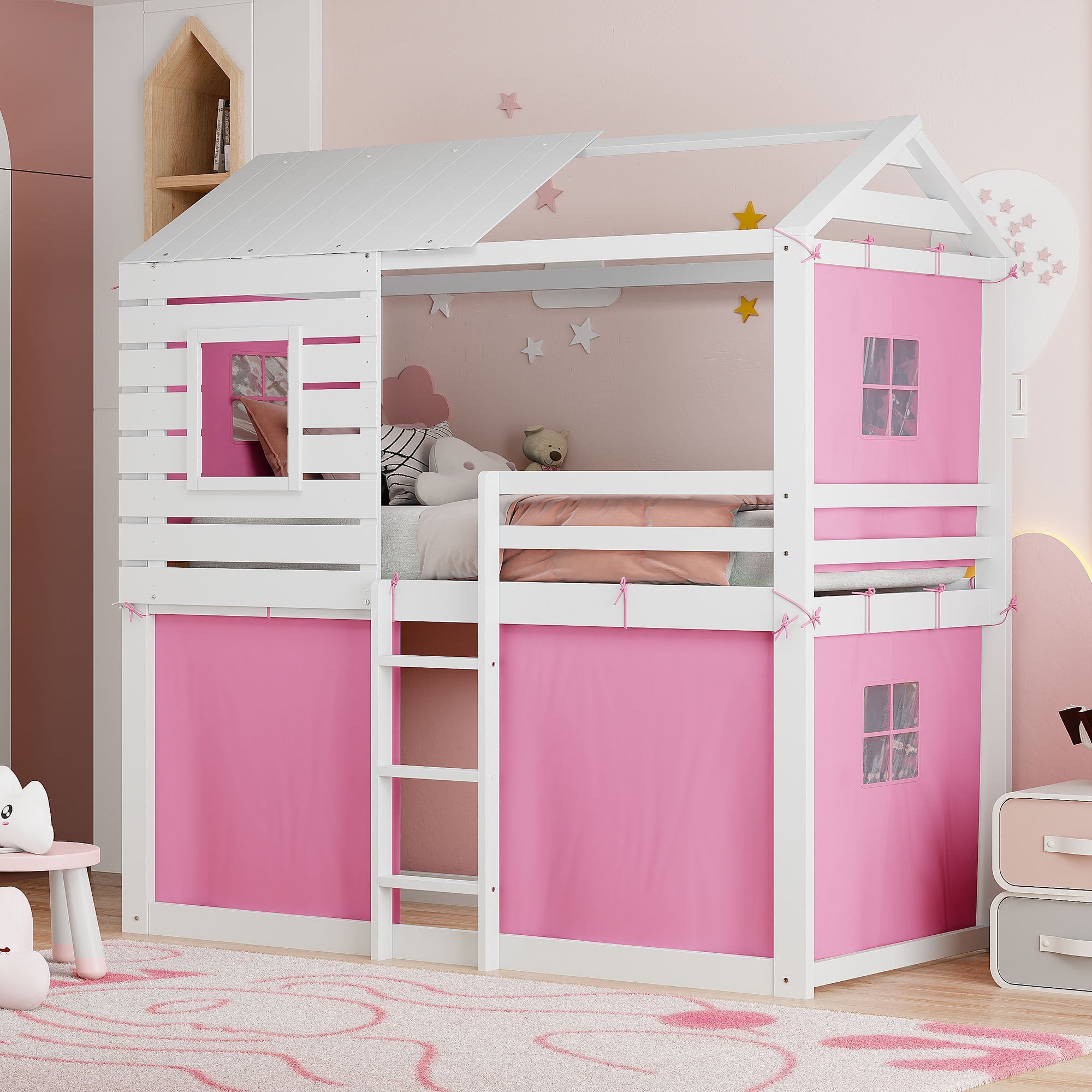 Twin Size Bunk Wood House Bed with Tent, Pink+White image 1